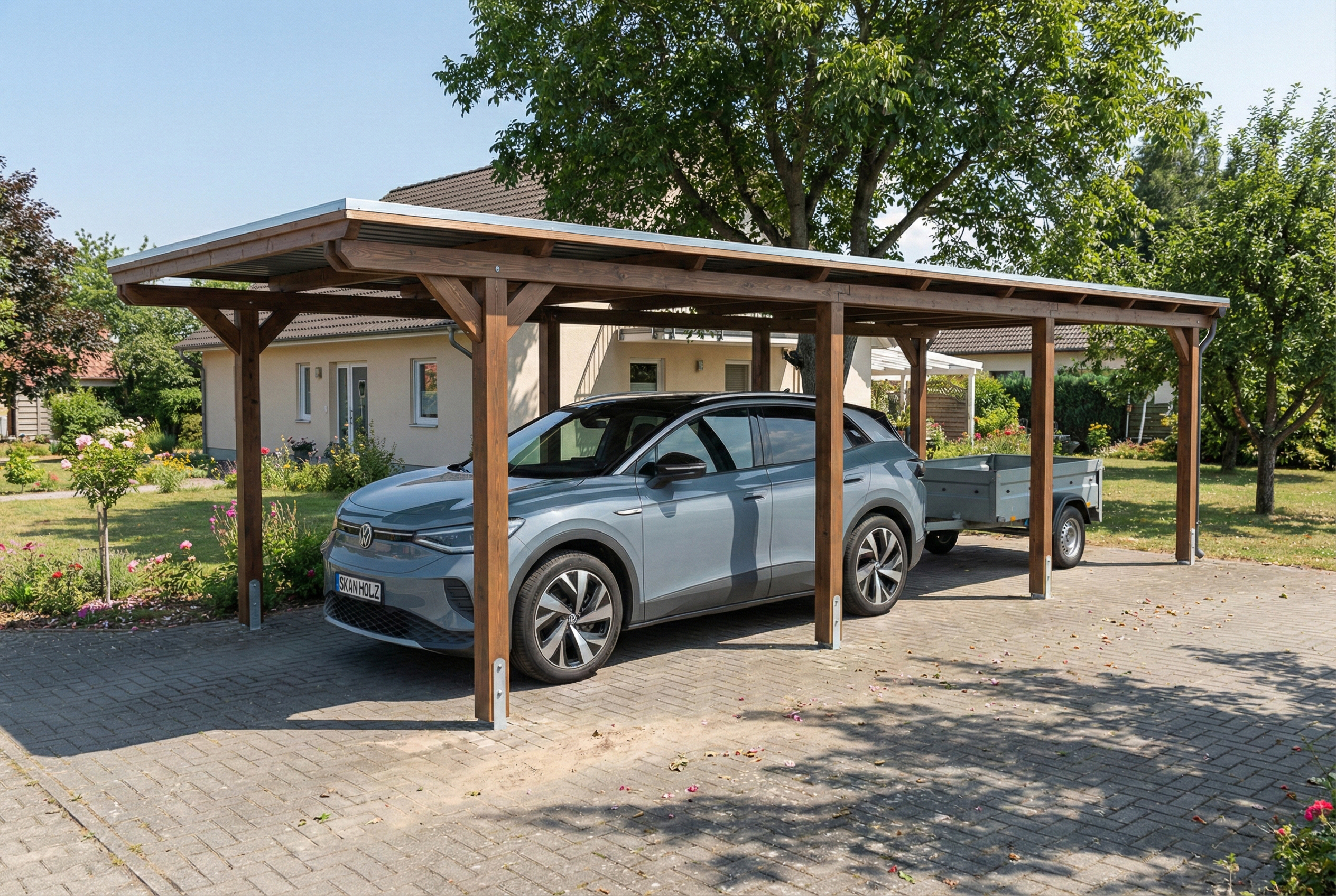 Carport Emsland 340 x 846 cm, stalen dakplaten met antiek condensvlies, walnoot