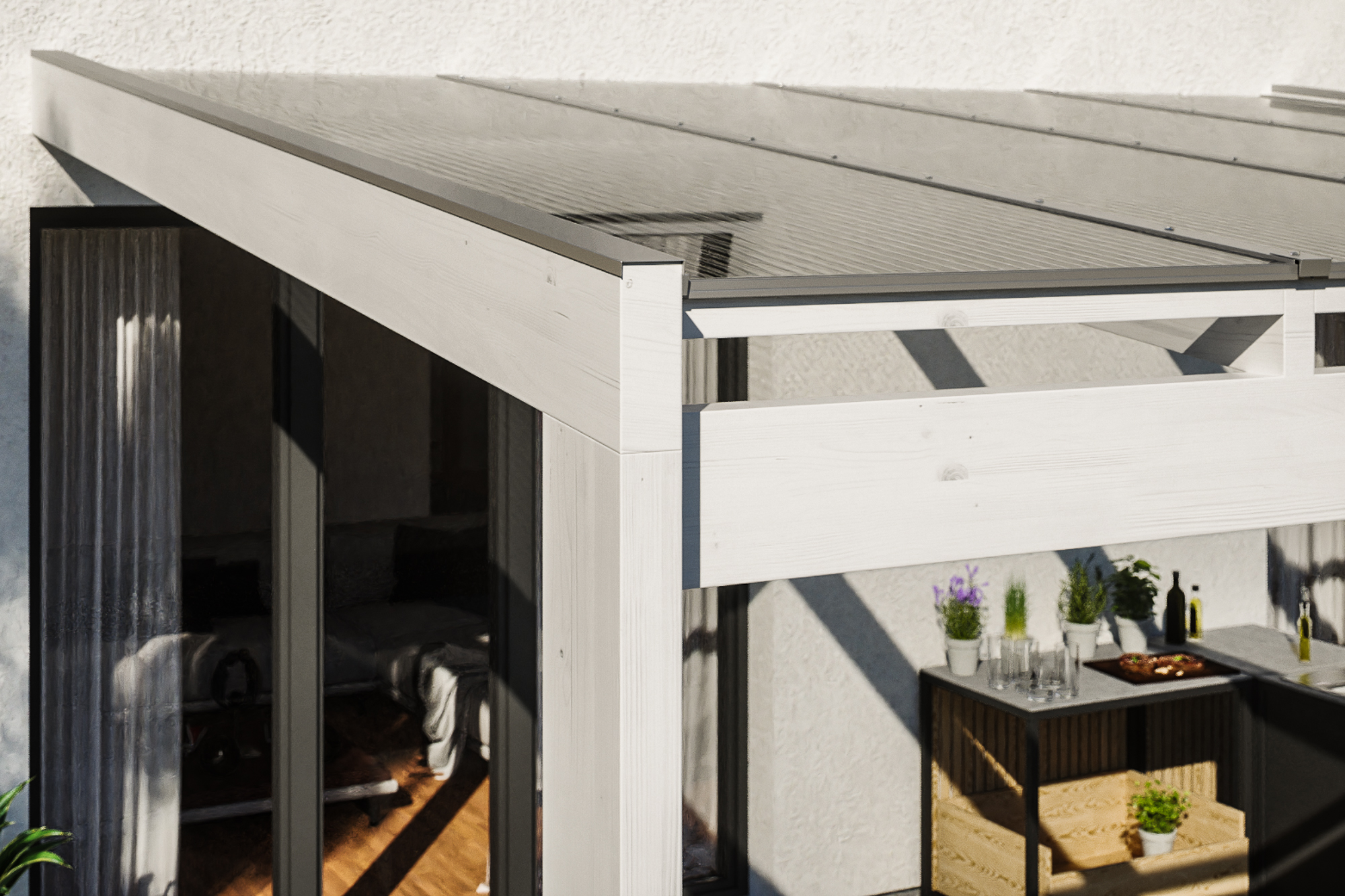 Detailbild einer Terrassenüberdachung Novara farblich behandelt in weiß mit Blick seitlich auf das Dach