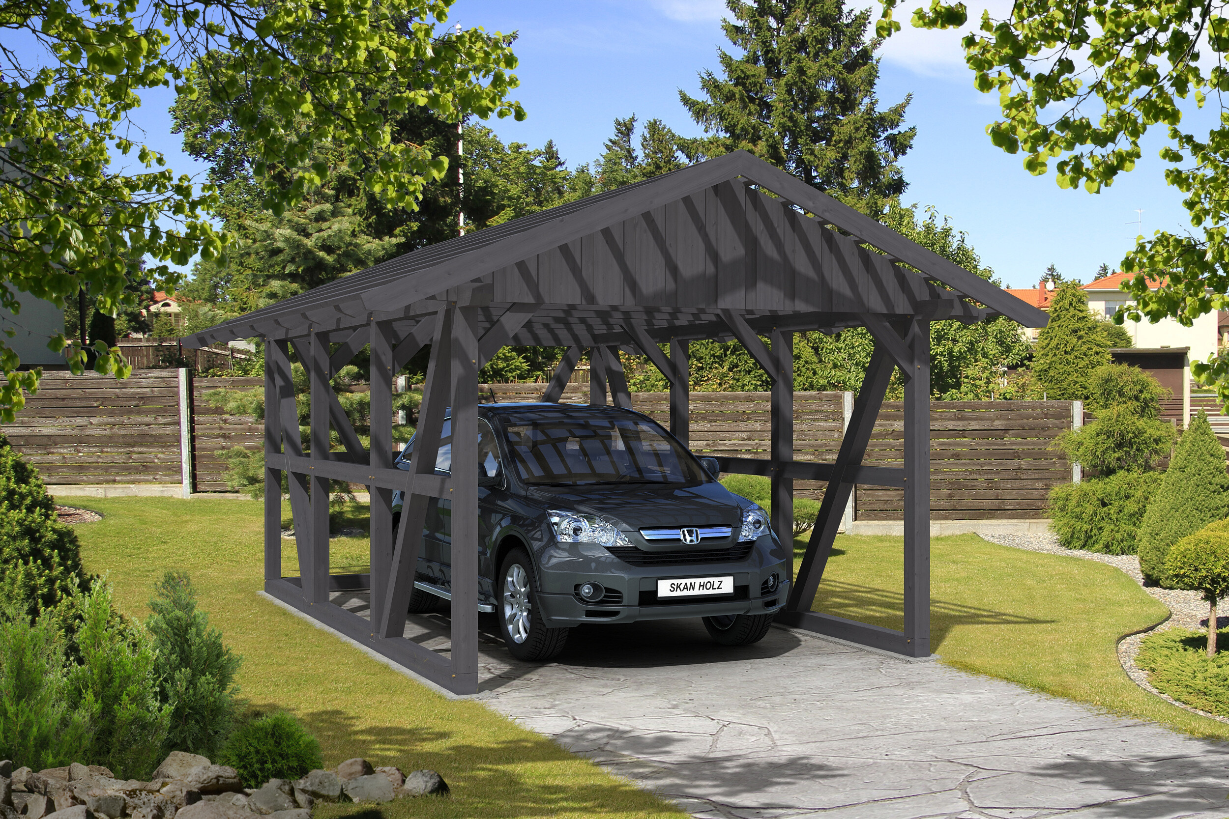 Carport Schwarzwald 424 x 600 cm mit Rückwand, schiefergrau, mit Dachlattung