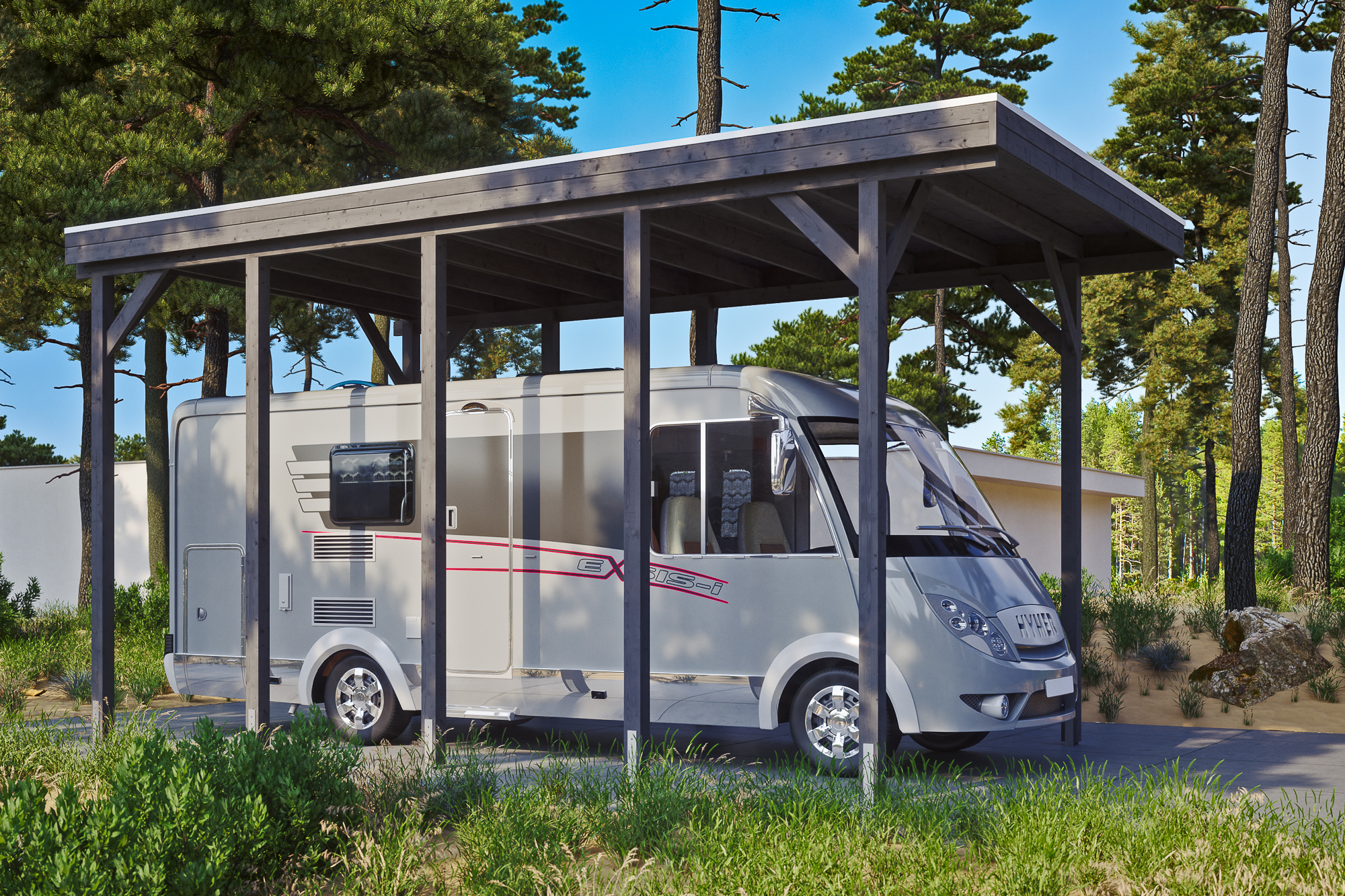Ambientebild: Carport Friesland Caravan 397 x 708 cm, farblich behandelt in schiefergrau