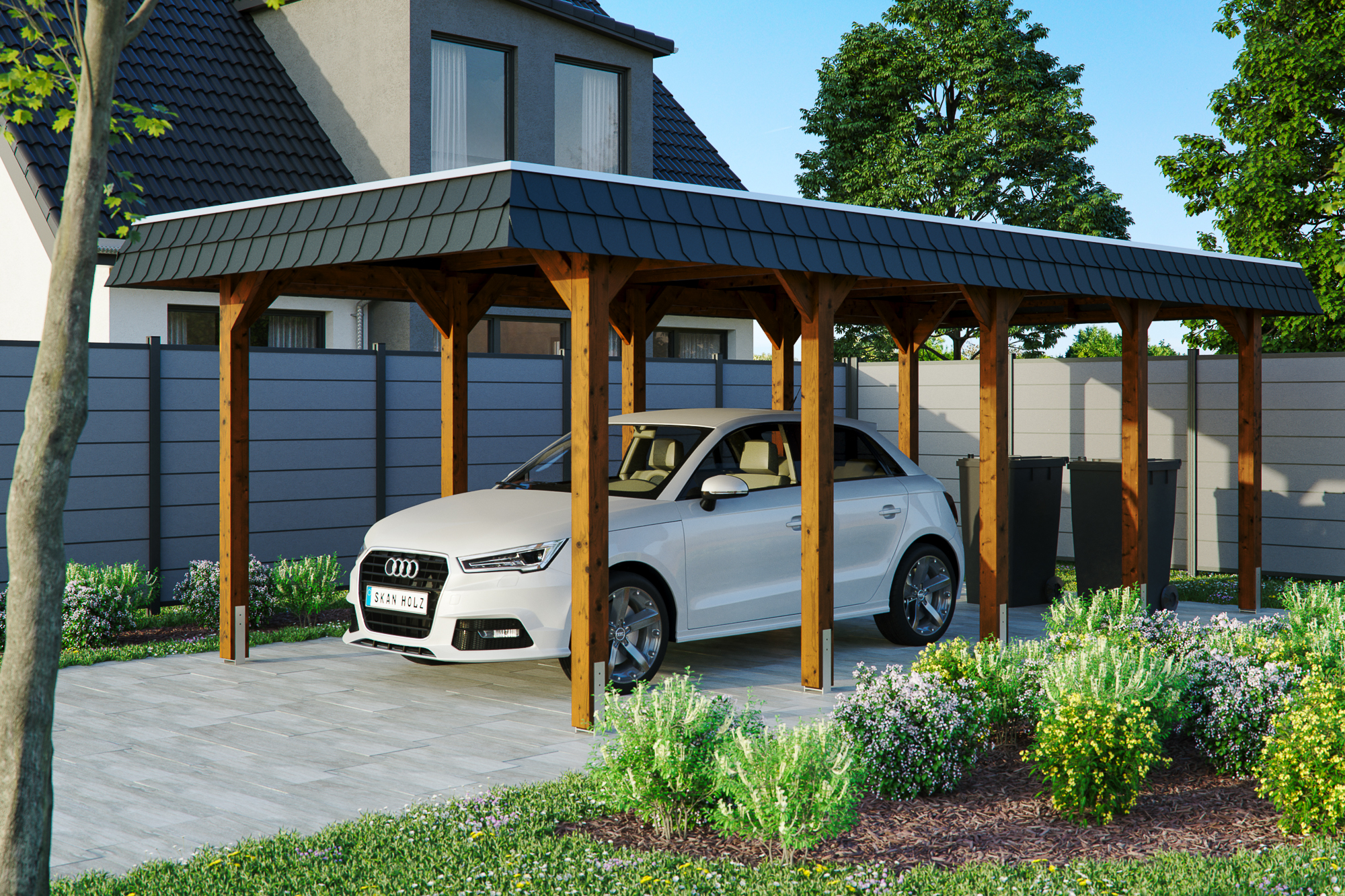 Ambientebild: Carport Spreewald 345 x 741 cm mit schwarzer Blende, farblich behandelt in nussbaum