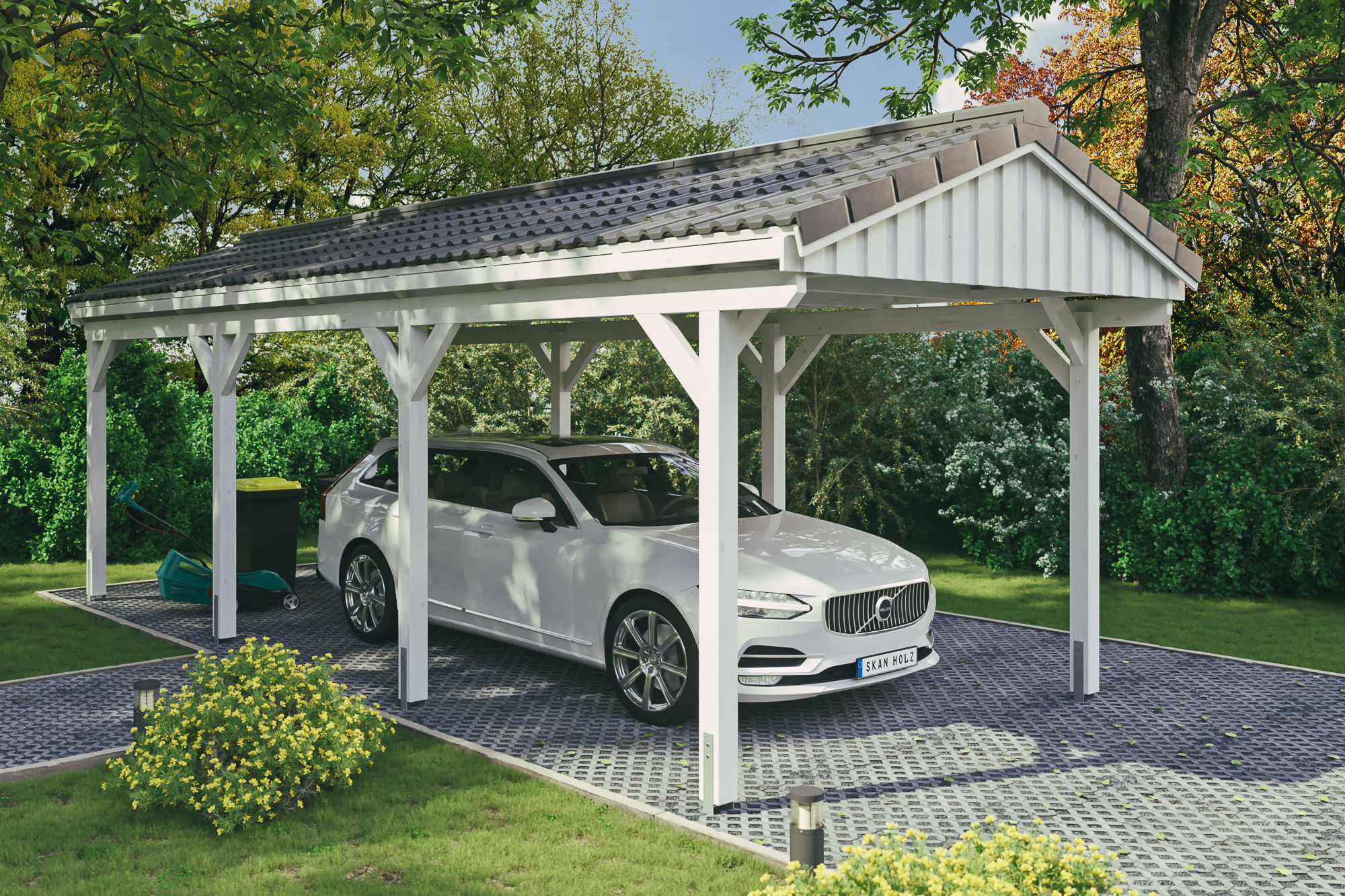 Ambientebild: Carport Fichtelberg 317 x 808 cm, farblich behandelt in weiß, mit Dachziegeln