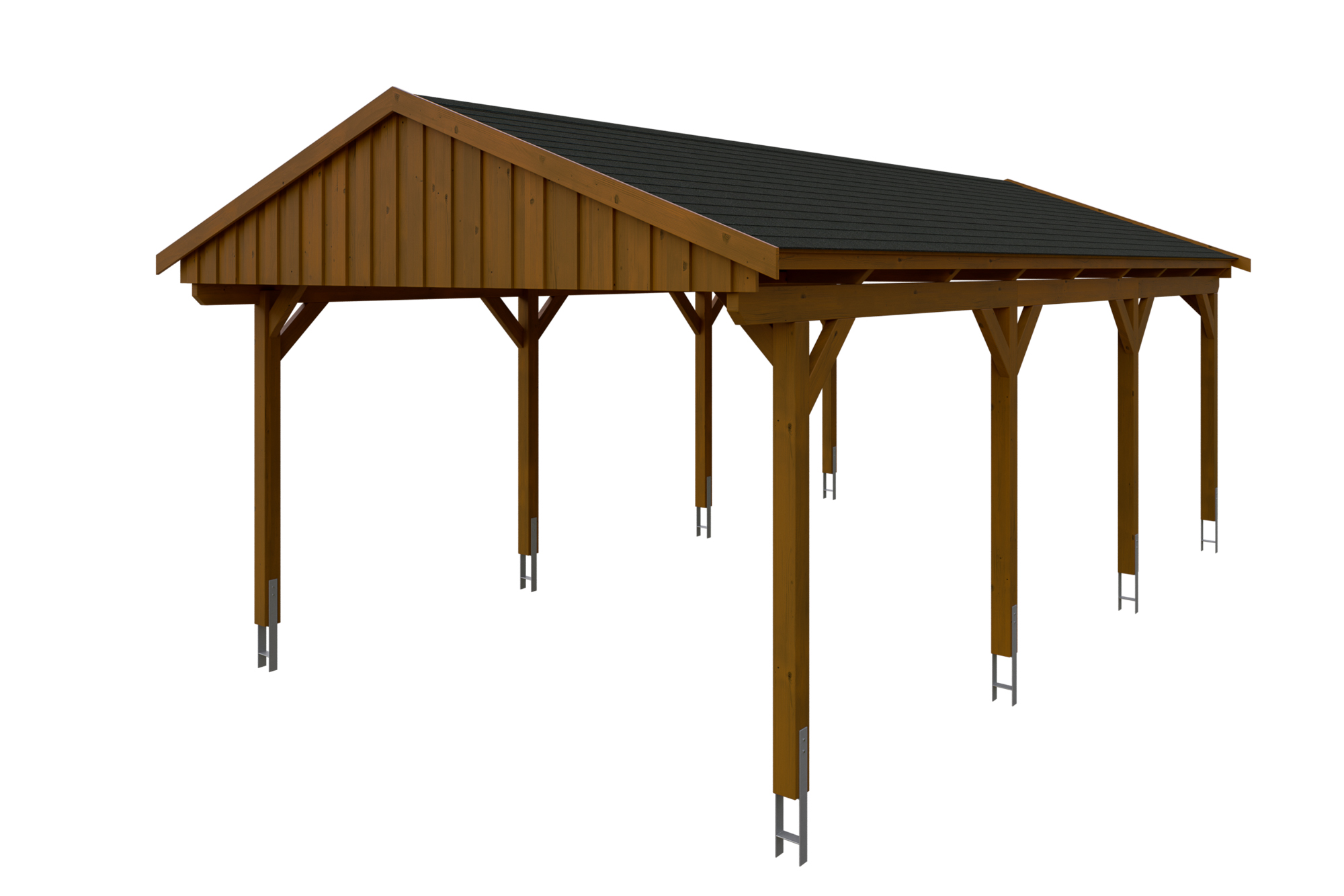 Produktbild: Carport Fichtelberg 423 x 808 cm, farblich behandelt in nussbaum, mit schwarzen Dachschindeln