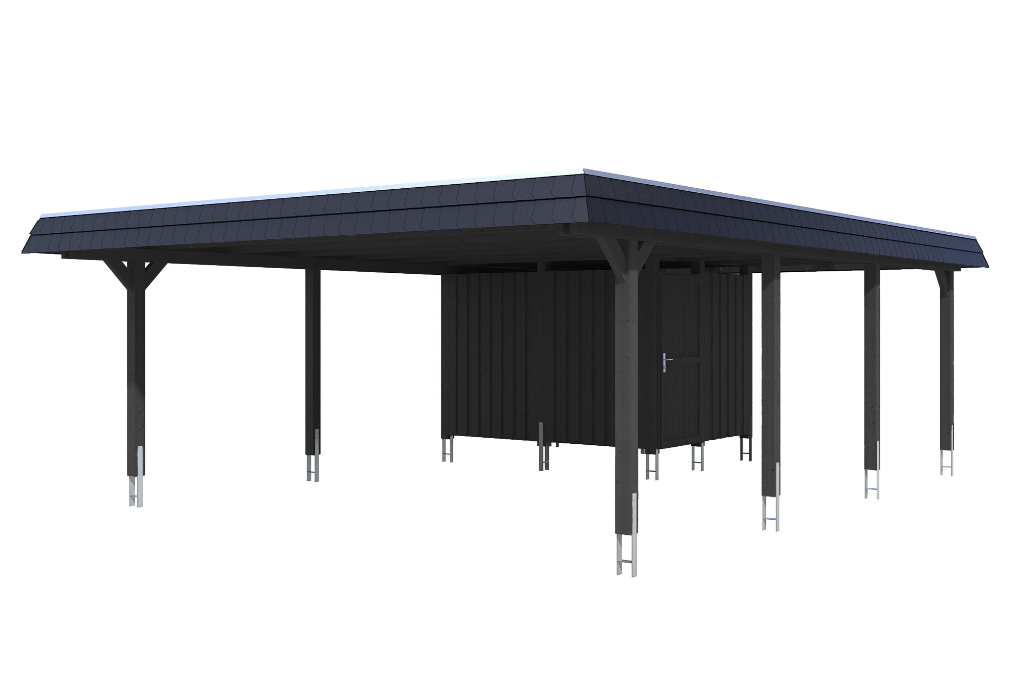 Carport Wendland with storage room 630 x 879 cm with aluminium roof, black fascia, colour pre-treated anthracite