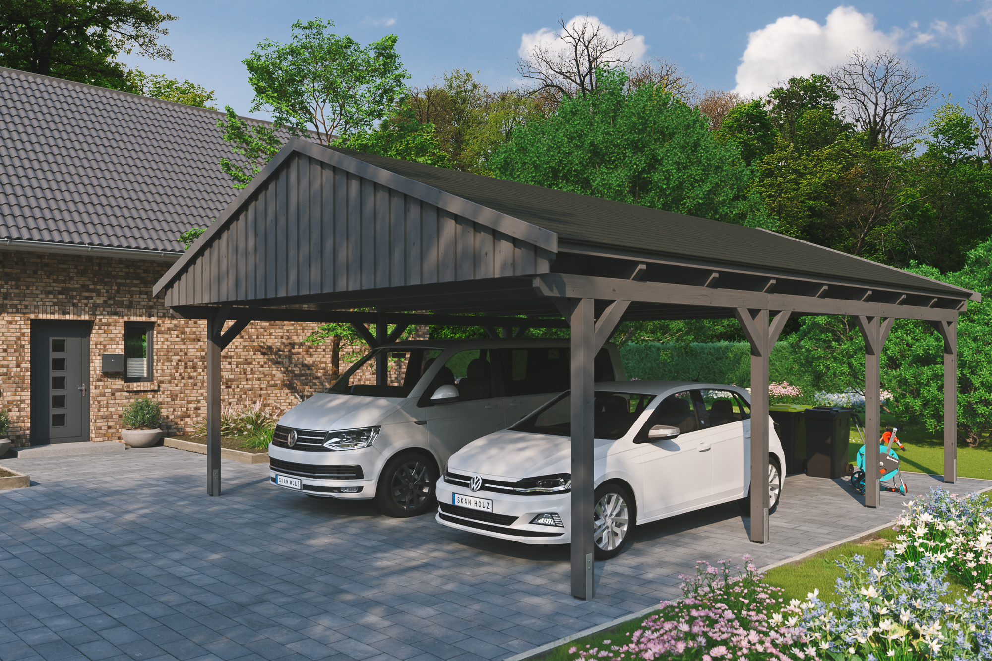 Carport Fichtelberg 618 x 808 cm, zwarte dakshingels, gelakt in leigrijs