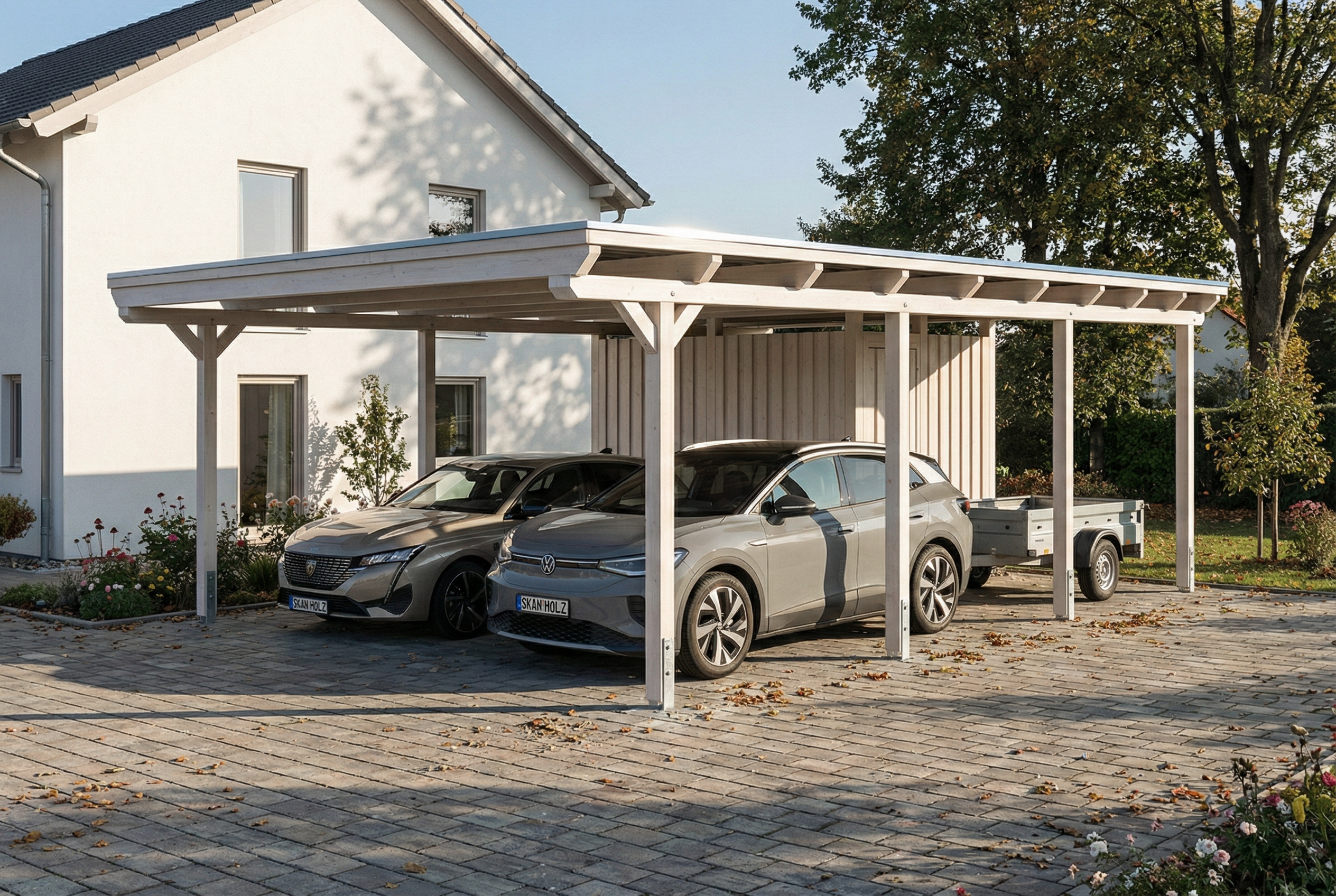 Carport Emsland 609 x 846 cm, Stahl-Dachplatten mit Antikondensvlies, mit Abstellraum, weiß