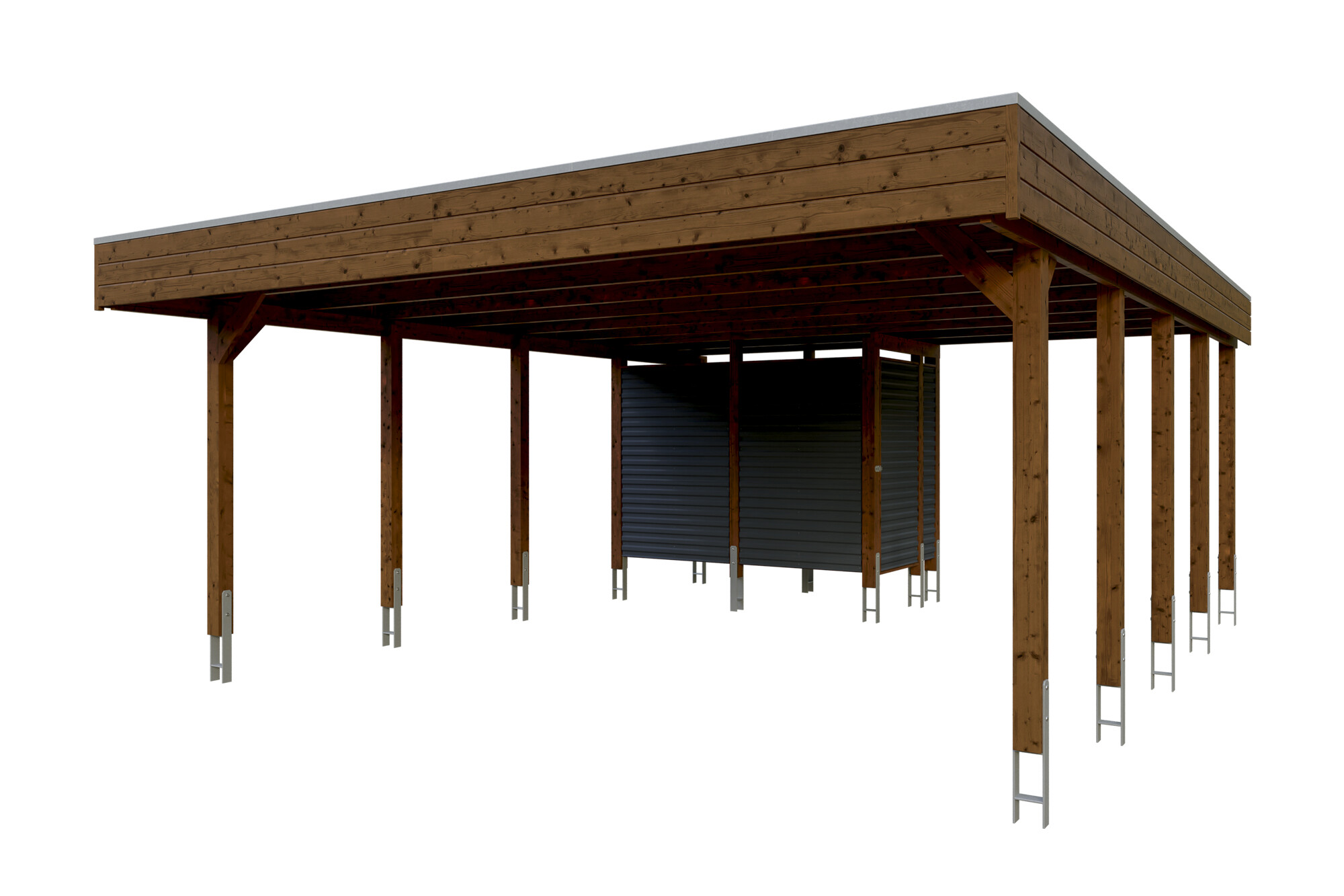 Carport Friesland Hybrid Set 14, 557 x 708 cm, met bergruimte, gelakt in noten, met Aluminium dakplaten