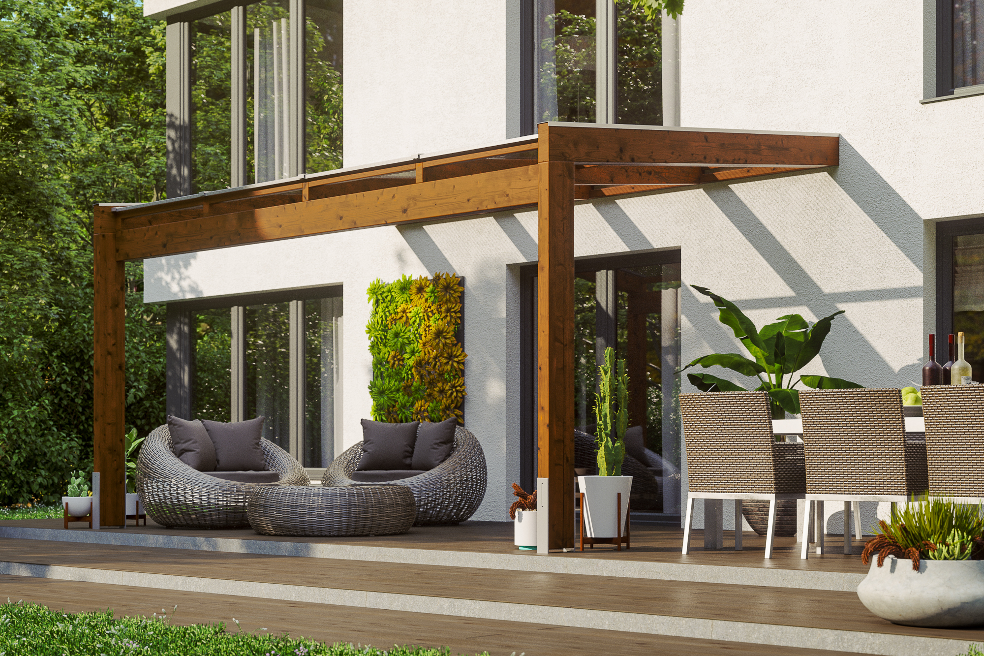 Terrasoverkapping Novara 450 x 259 cm, gelamineerd hout, gelakt in noten