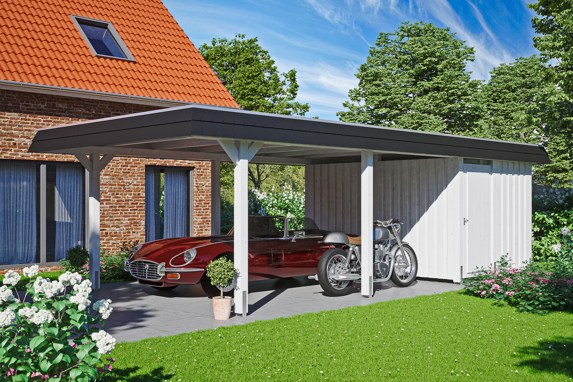 Ambientebild: Carport Wendland 409 x 870 cm, mit Abstellraum, mit schwarzer Blende, farblich behandelt in weiß