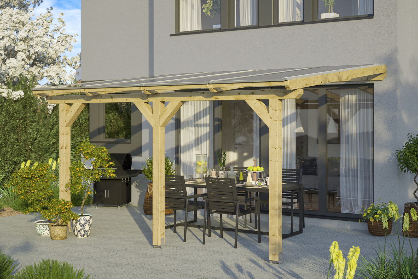 Terrasoverkapping Bormio 434 x 250 cm, gelamineerd hout, onbehandeld