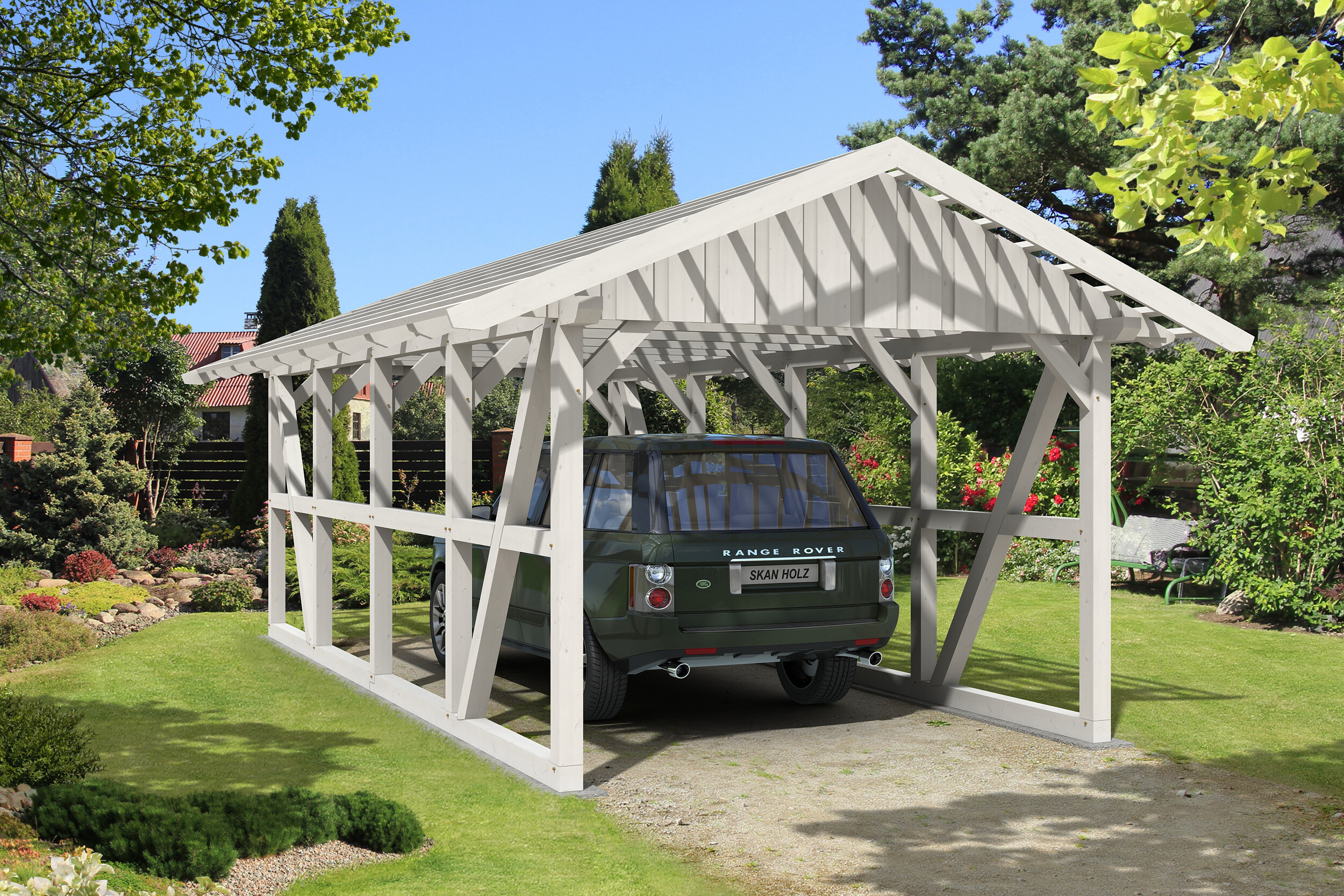 Carport Schwarzwald 424 x 772 cm, weiß, mit Dachlattung
