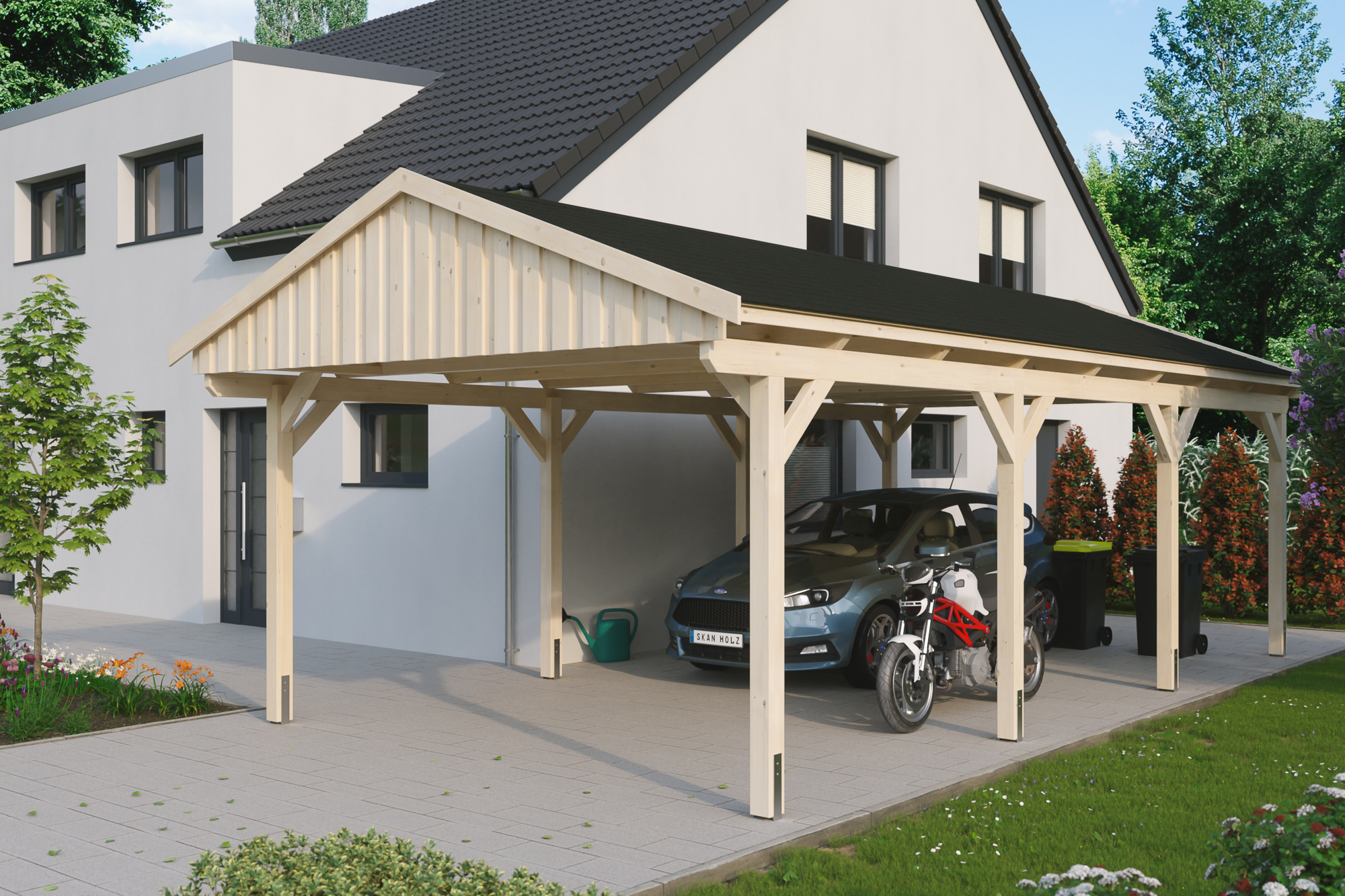 Ambientebild: Carport Fichtelberg 423 x 808 cm, natur, mit schwarzen Dachschindeln
