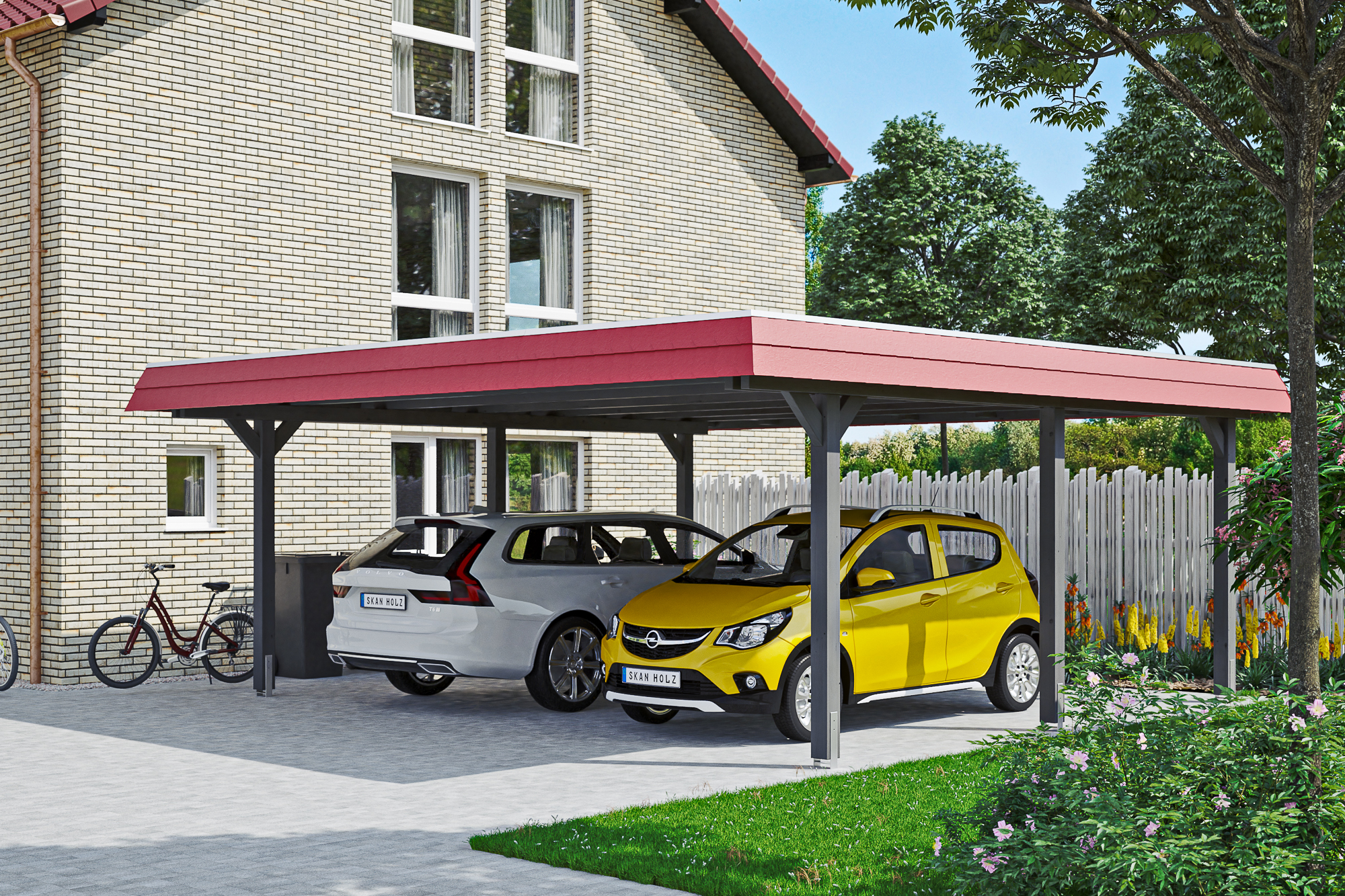Ambientebild: Carport Wendland 630 x 637 cm, mit roter Blende, farblich behandelt in schiefergrau