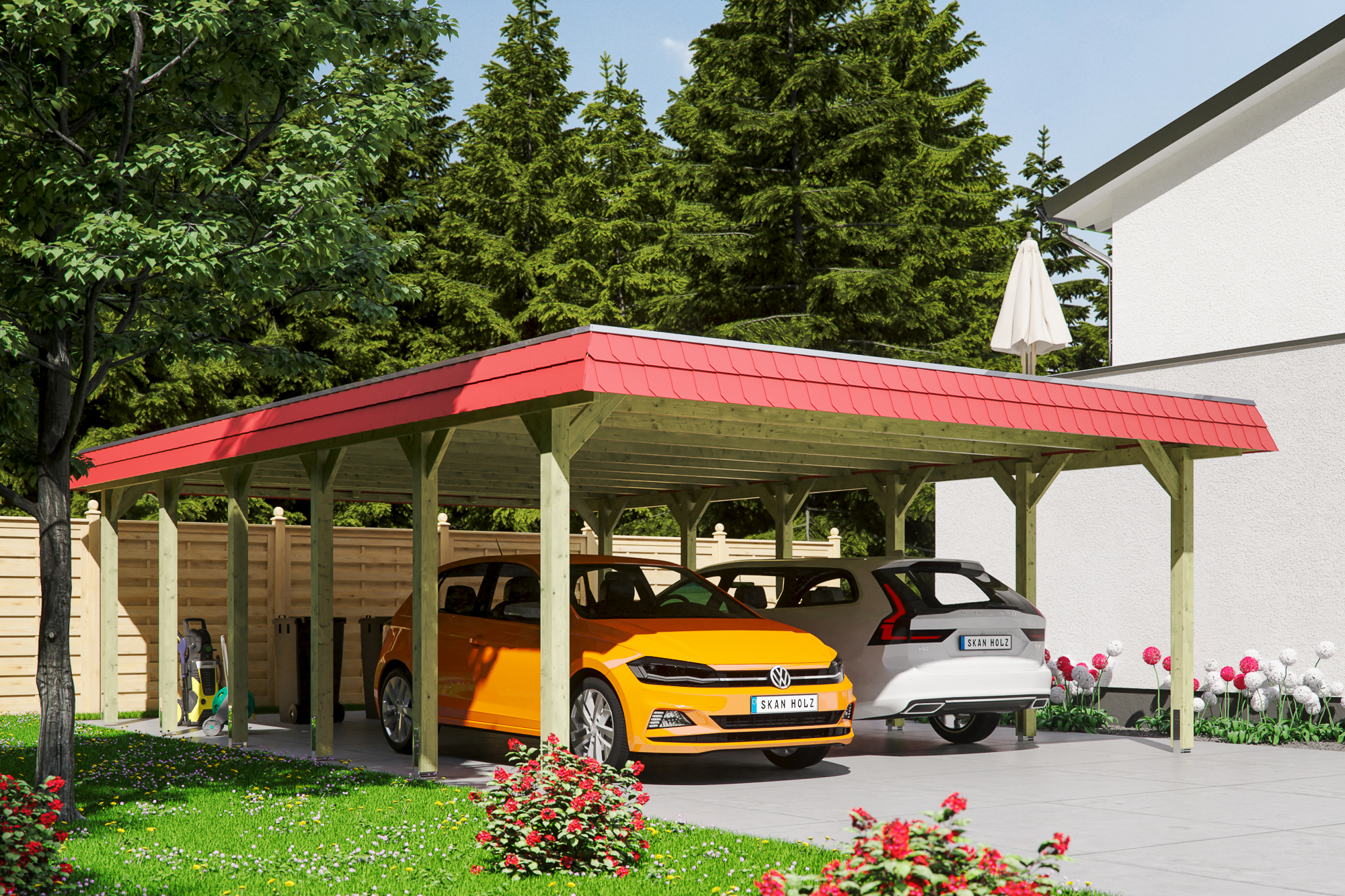 Ambientebild: Carport Spreewald 585 x 893 cm mit roter Blende, grün imprgniert