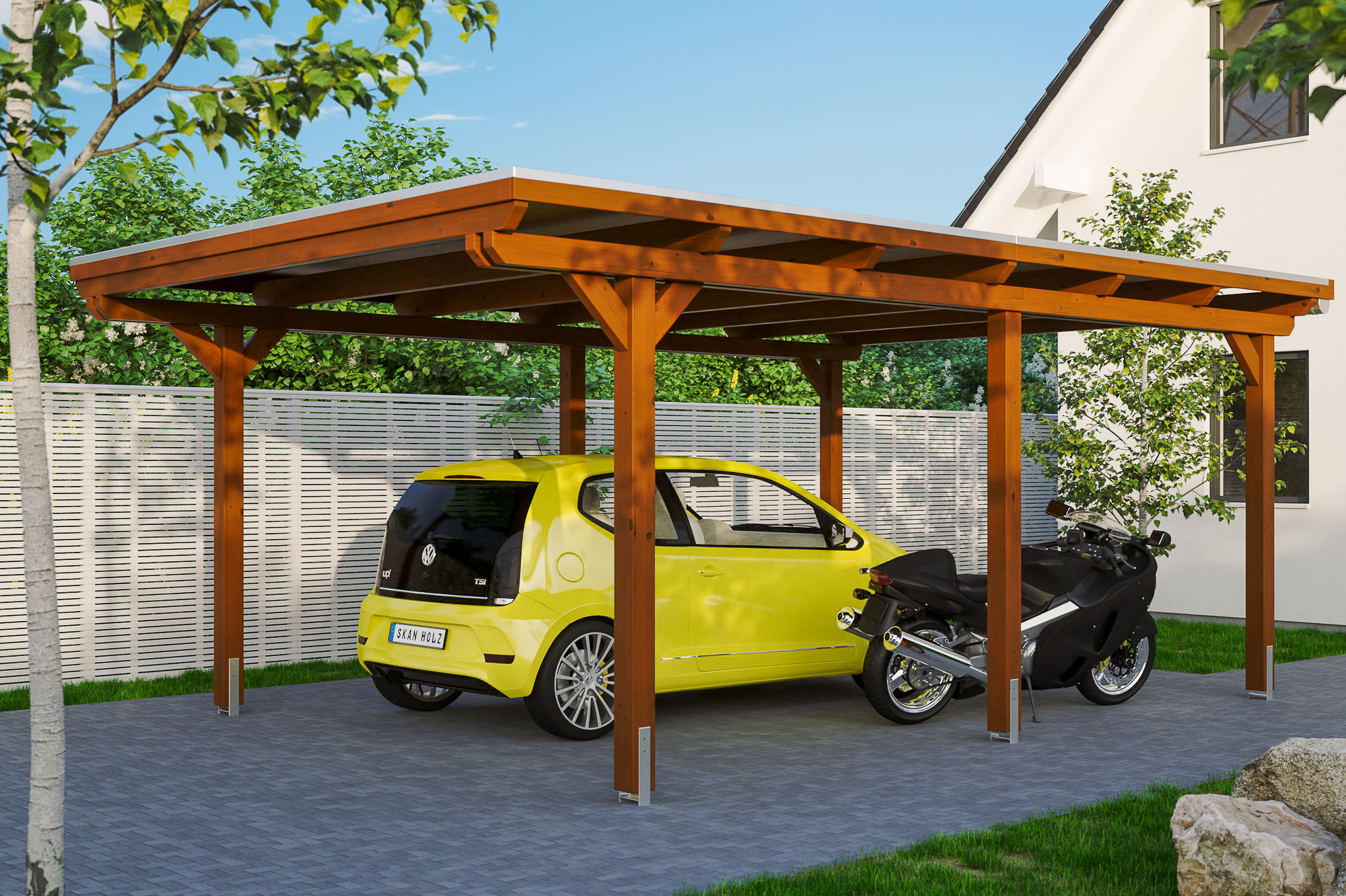 Ambientebild: Carport Emsland 404 x 604 cm, farblich behandelt in nussbaum