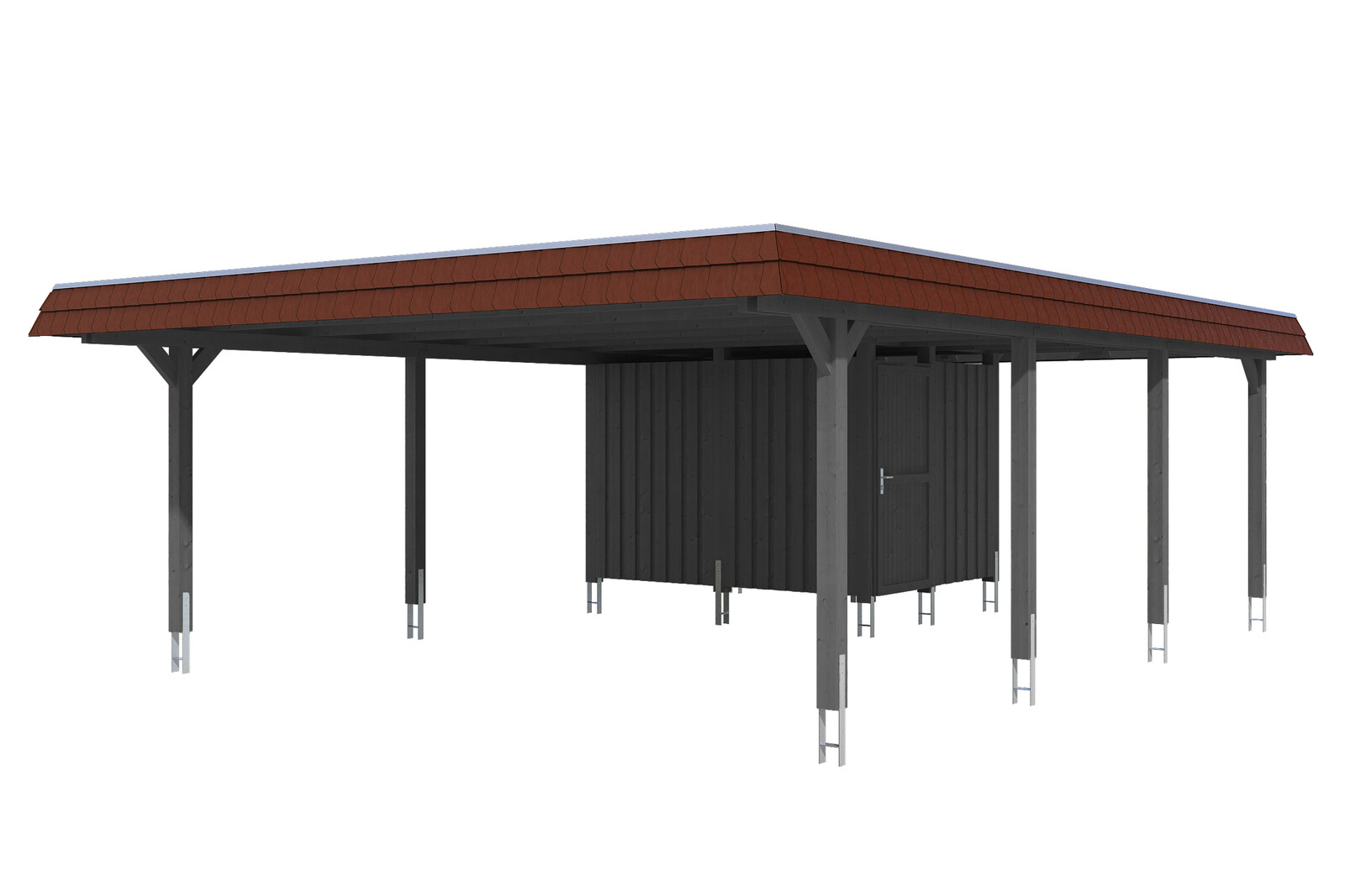 Produktbild: Carport Wendland 630 x 879 cm, mit Abstellraum, mit roter Blende, farblich behandelt in schiefergrau