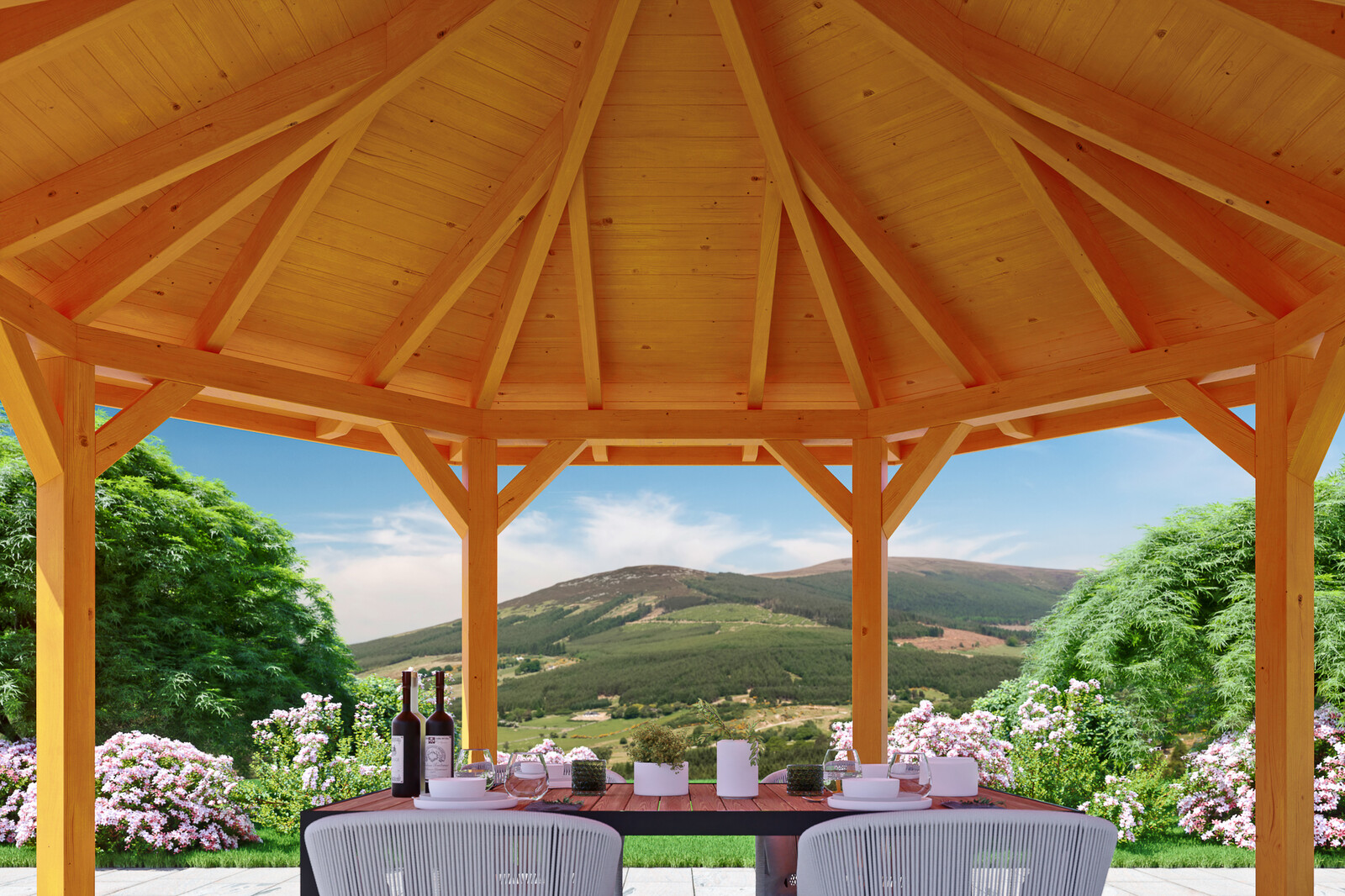 Gloriette NICE 2 (ø 484cm) octagonales, bois lamellé-collé, traitement coloré chêne clair