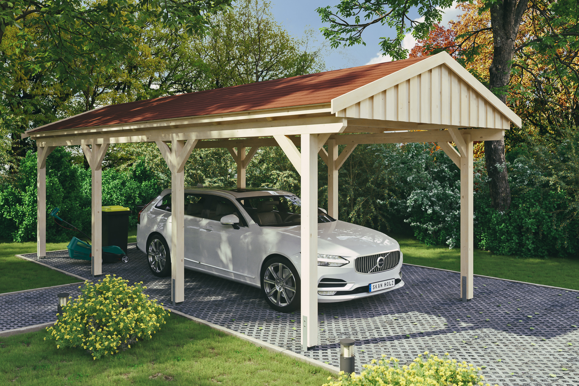 Ambientebild: Carport Fichtelberg 317 x 808 cm, natur, mit roten Dachschindeln