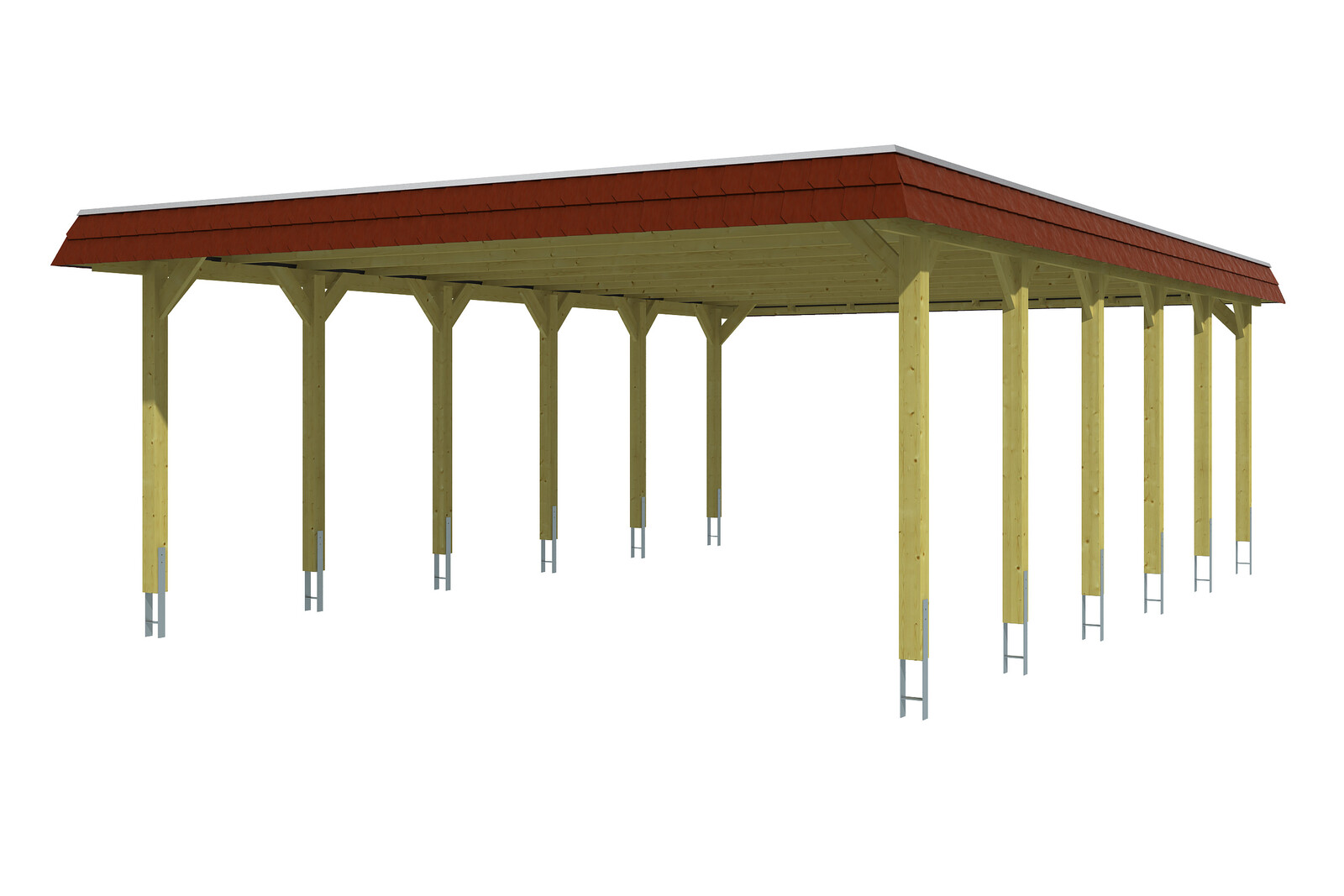 Carport Spreewald 585 x 893 cm with aluminium roof, red fascia, colour pre-treated walnut