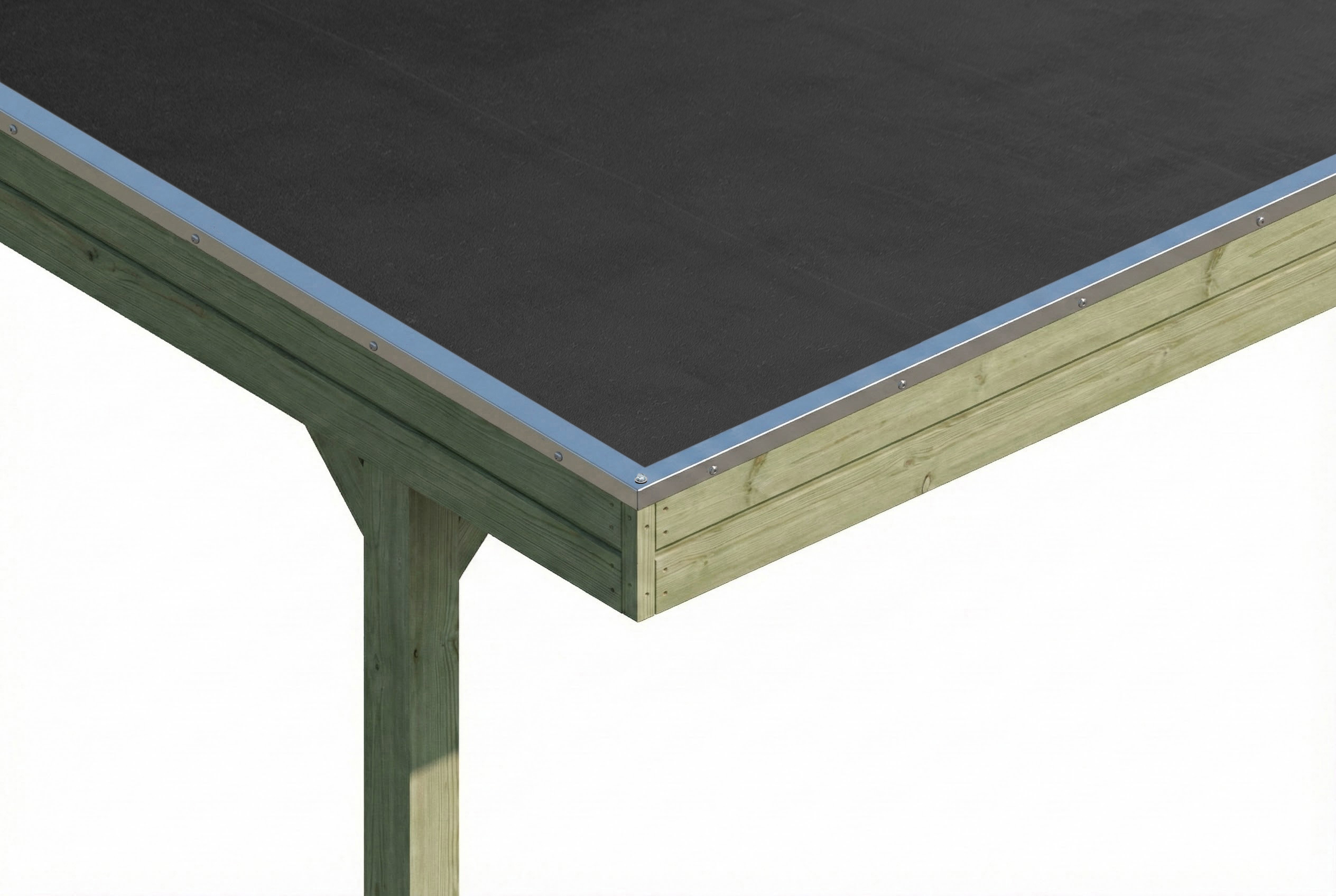 Detailbild: EPDM-Dacheindeckung und Dachblende beim Einzelcarport Friesland, grün imprägniert