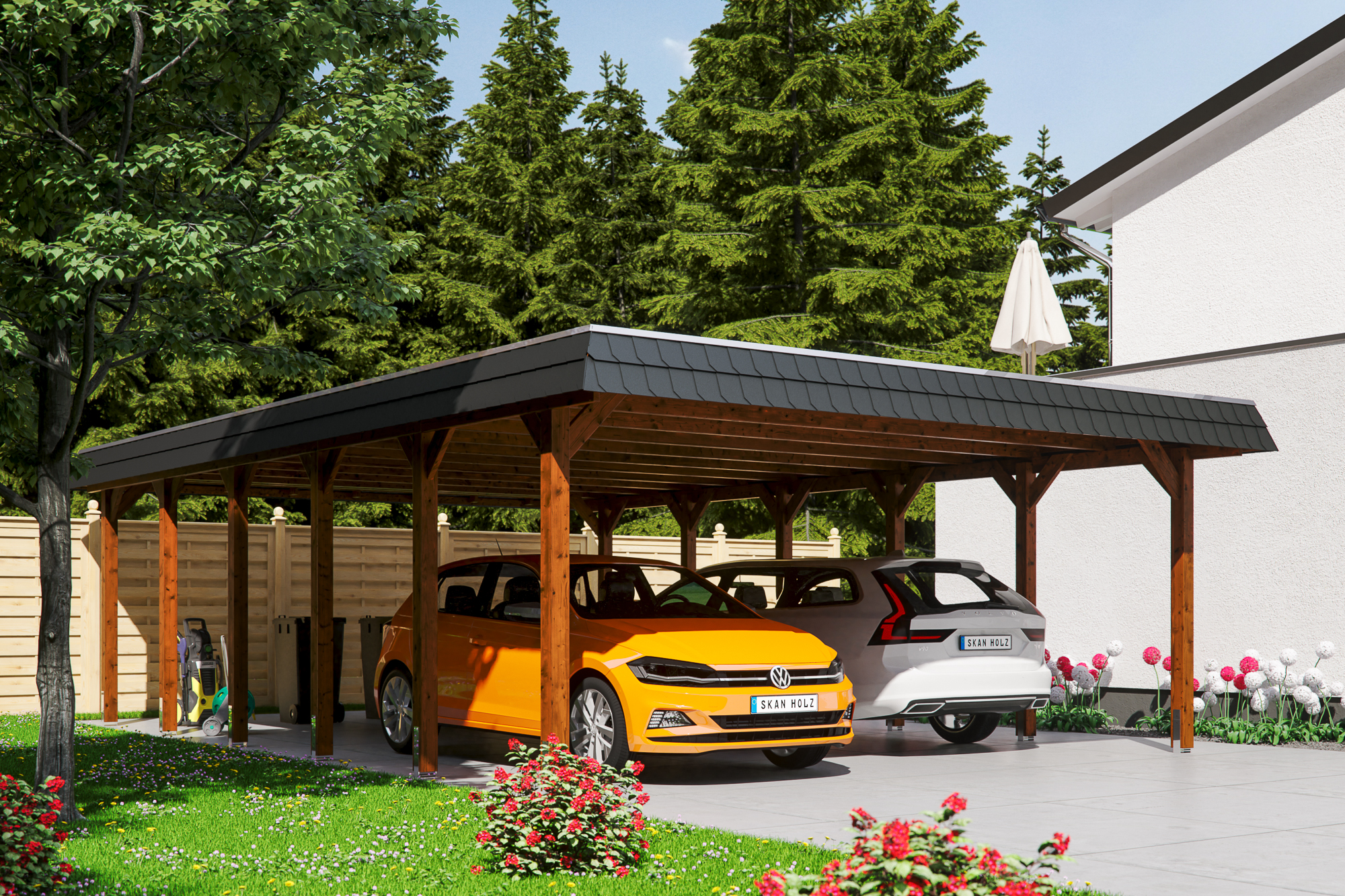 Ambientebild: Carport Spreewald 585 x 893 cm mit schwarzer Blende, farblich behandelt in nussbaum
