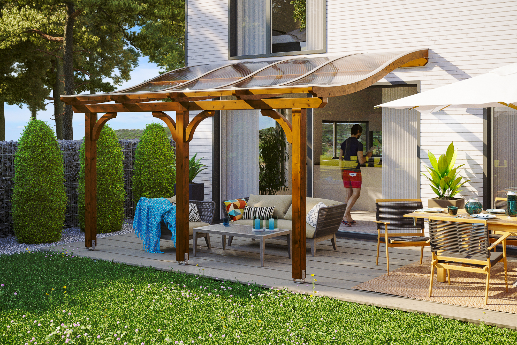 Ambientebild: Terrassenüberdachung Venezia, Breite 434 cm, farblich behandelt in nussbaum