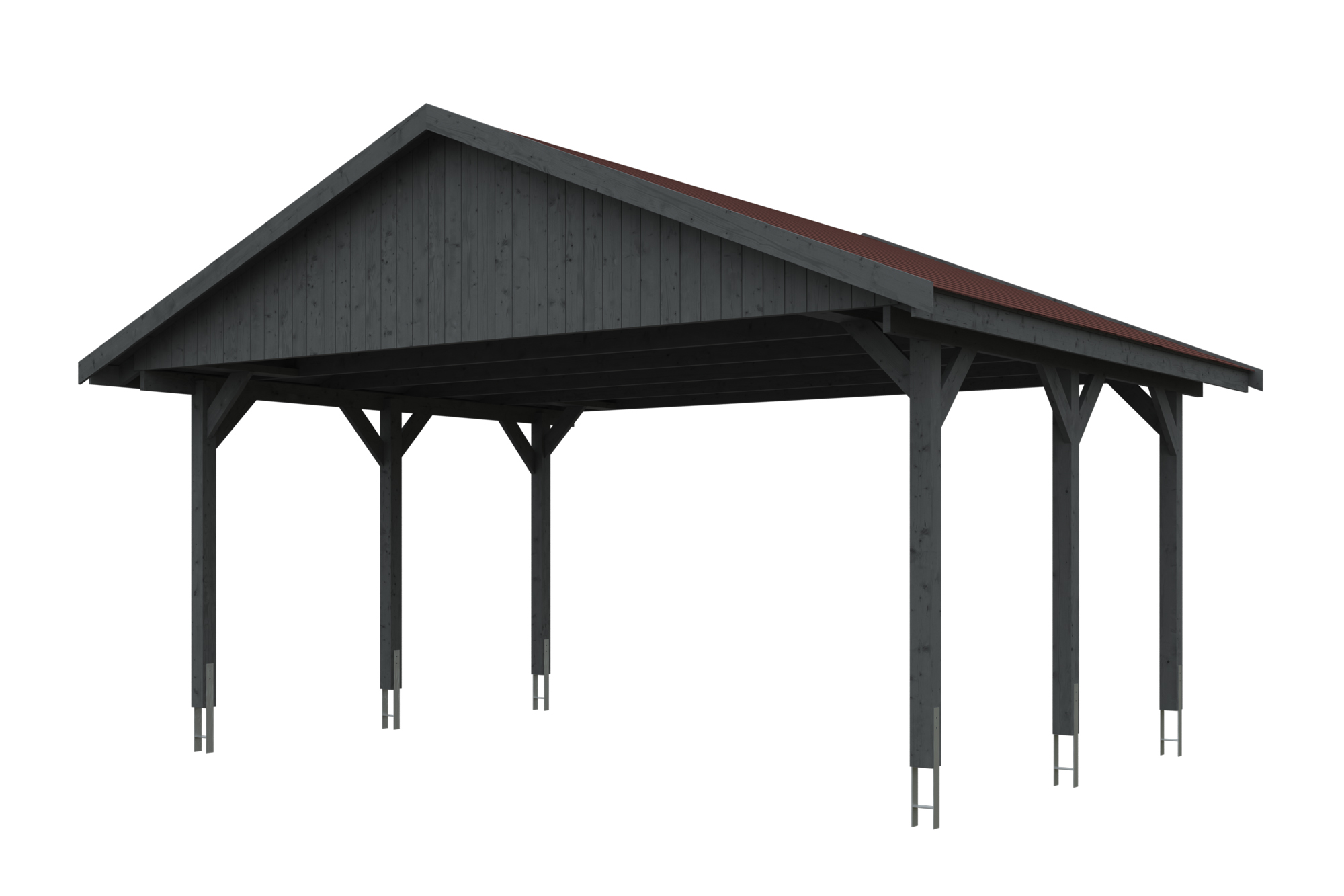 Carport Wallgau 620 x 500 cm, gelakt in leigrijs, inclusief rode dakshingels