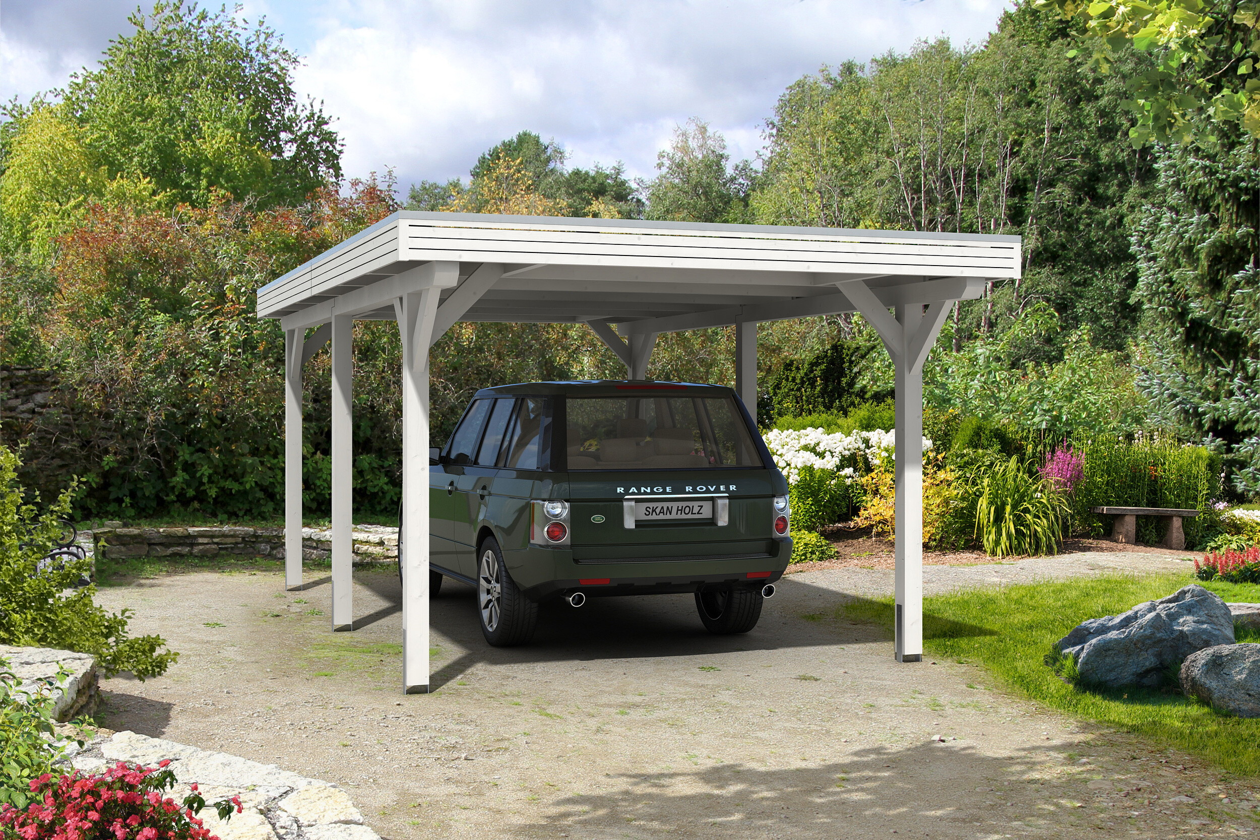 Carport Spessart 355 x 604 cm, gelakt in wit, met Aluminium dakplaten