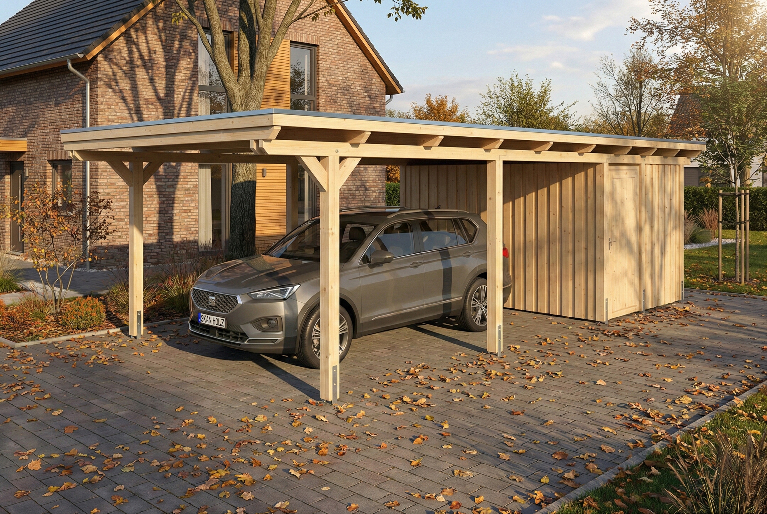 Carport Emsland 402 x 846 cm, panneaux de toit en acier avec non-tissé anti-condensation, avec remise, naturel