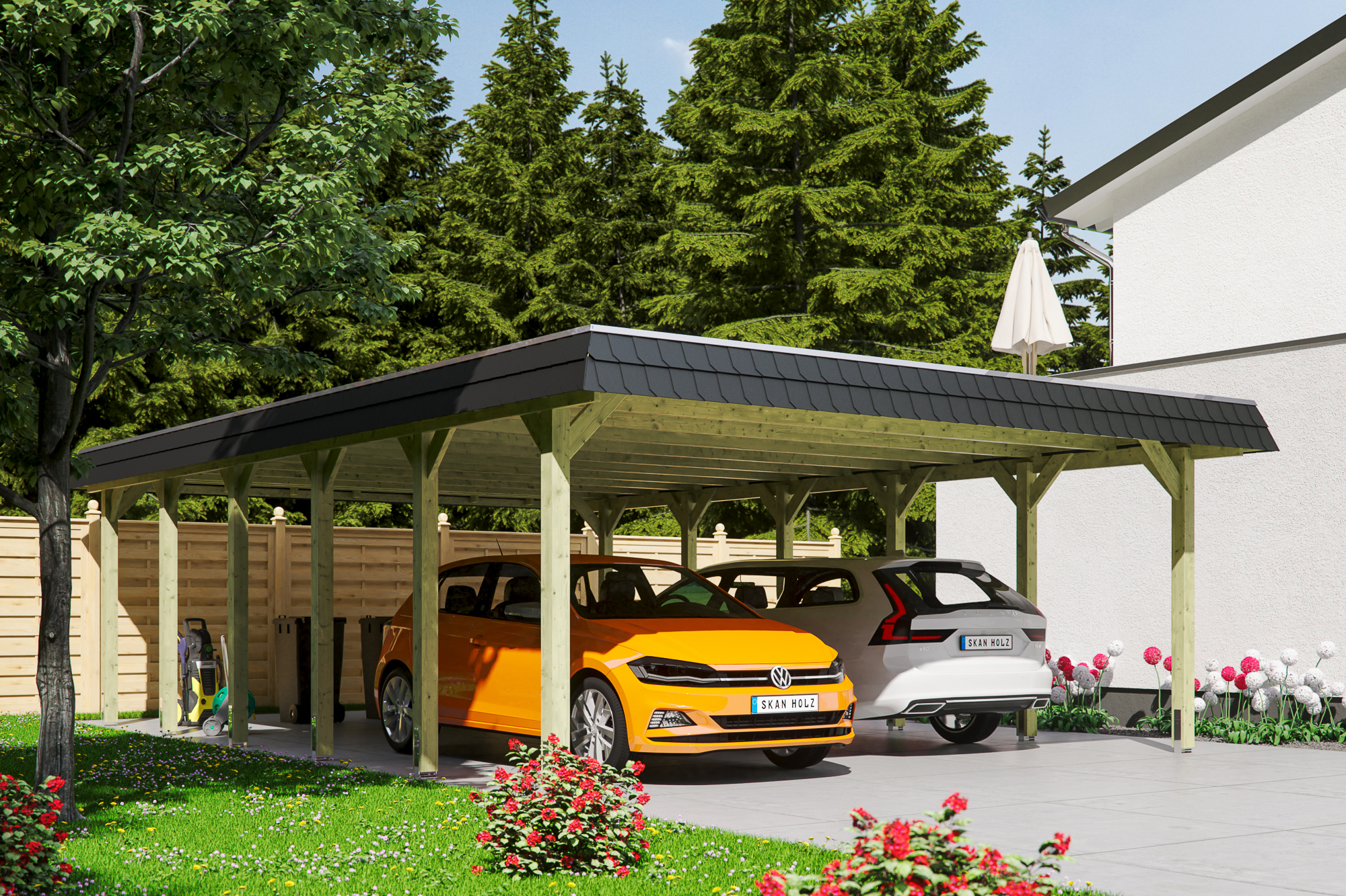 Ambientebild: Carport Spreewald 585 x 893 cm mit schwarzer Blende, grün imprgniert