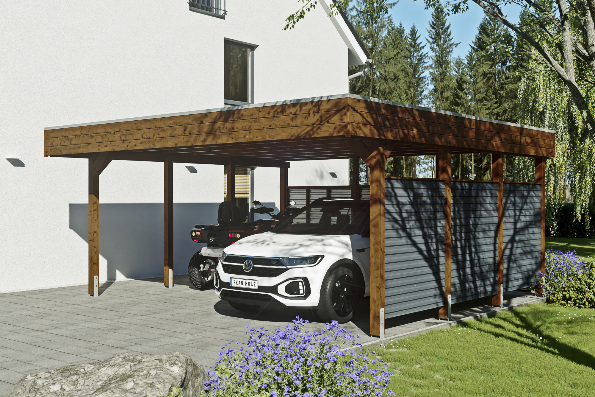 Ambientebild: Carport Friesland Set 13, 557 x 555 cm, farblich behandelt in nussbaum