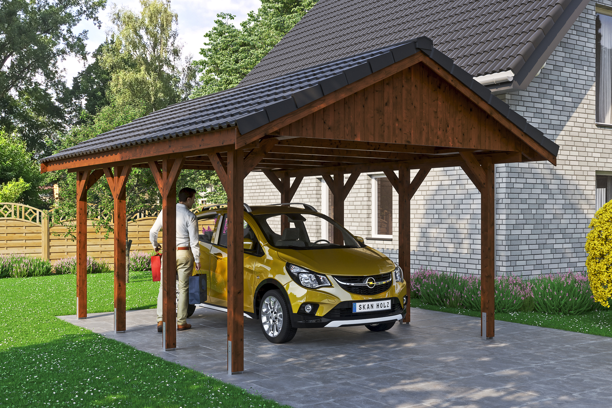 Ambientebild: Carport Wallgau 430 x 600 cm, mit Dachziegeln, farblich behandelt in nussbaum