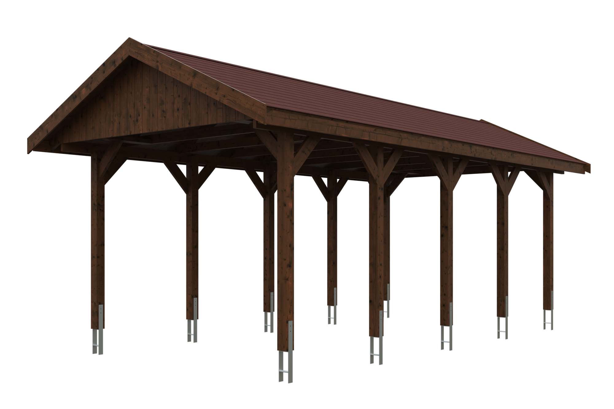 Produktbild: Carport Wallgau 380 x 750 cm, mit roten Dachschindeln, farblich behandelt in nussbaum