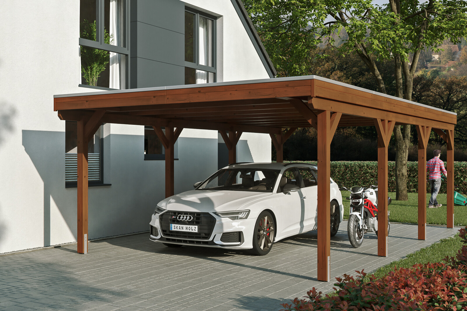 Carport Grunewald 427 x 796 cm met Aluminium dakplaten, gelakt in noten