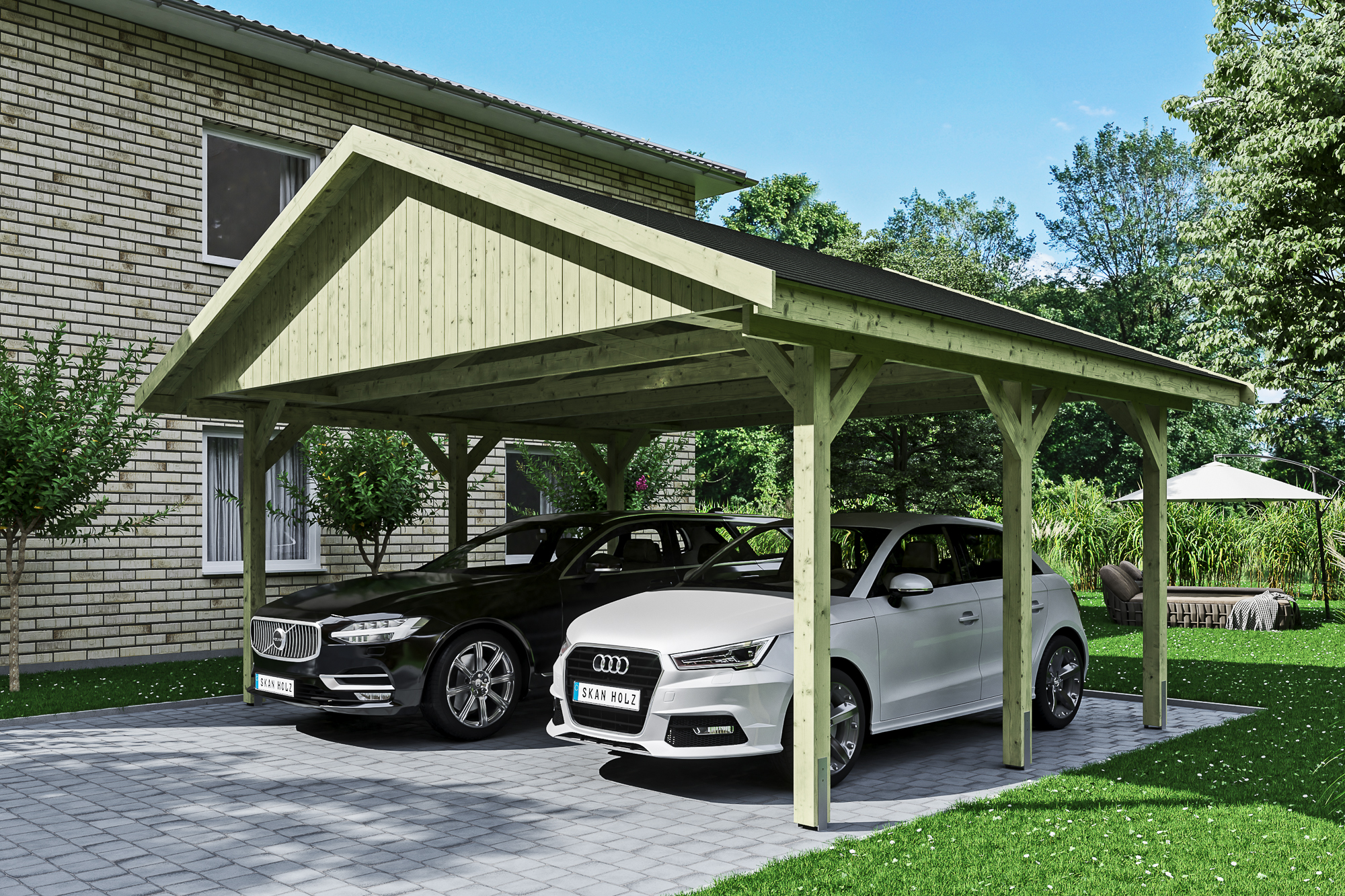 Ambientebild: Carport Wallgau 620 x 500 cm, mit schwarzen Dachschindeln, grün imprägniert 