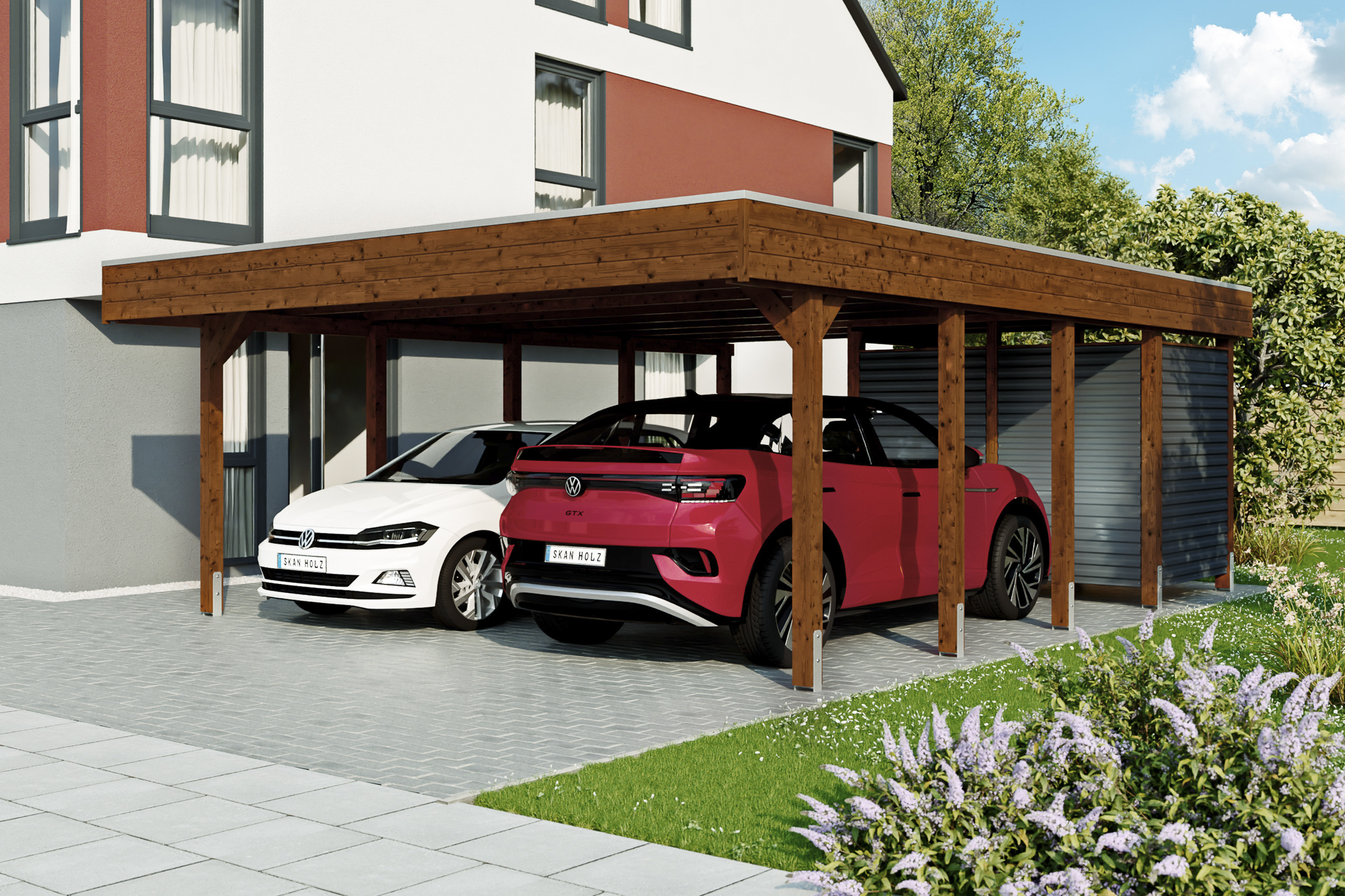 Ambientebild: Carport Friesland Set 14, 557 x 708 cm, mit Abstellraum, farblich behandelt in nussbaum