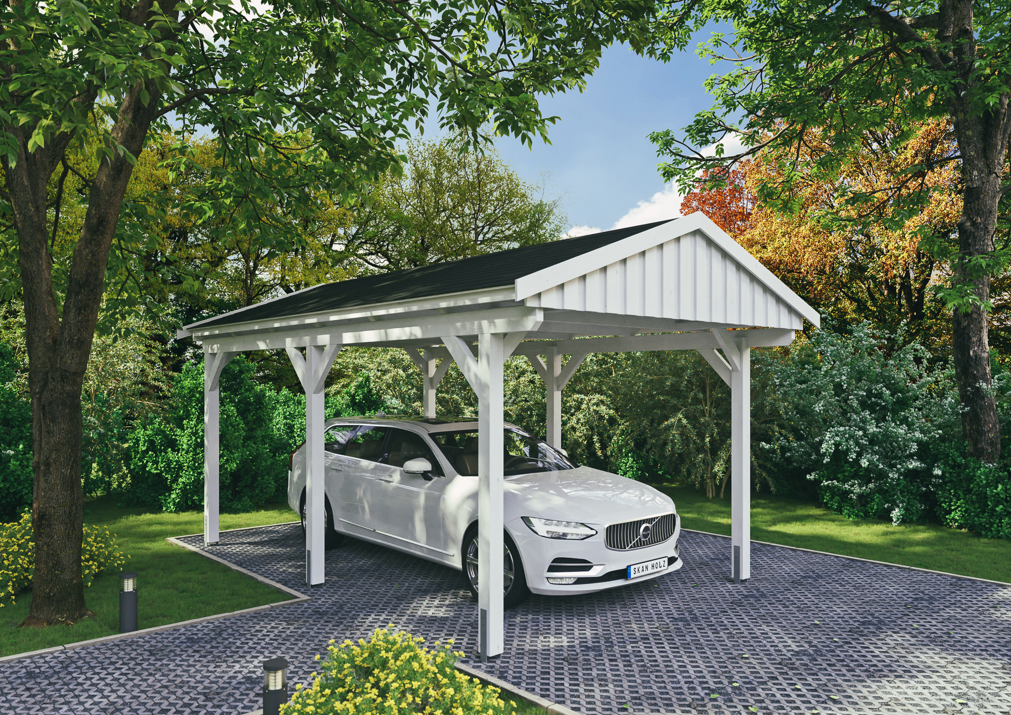 Ambientebild: Carport Fichtelberg 317 x 566 cm, farblich behandelt in weiß, mit schwarzen Dachschindeln