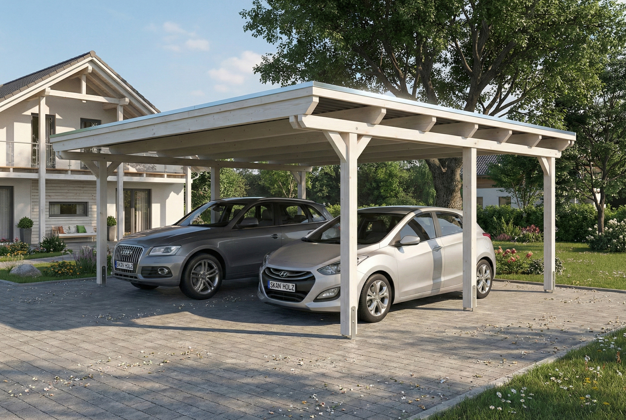 Carport Emsland 609 x 604 cm, Stahl-Dachplatten mit Antikondensvlies, weiß