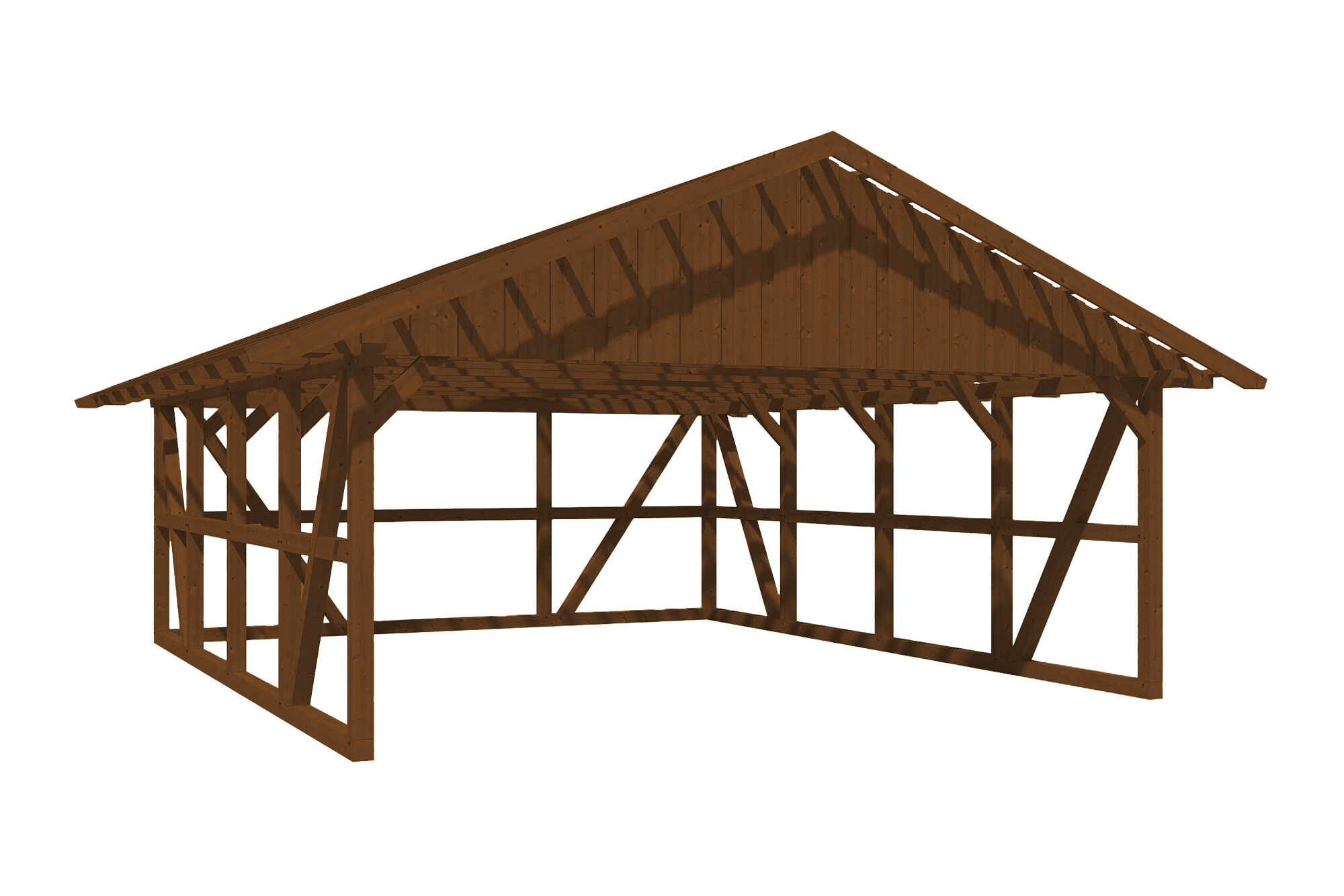 Carport SCHWARZWALD 684x772cm avec paroi arriere, lattis, KVH-bois d'épinette, traitement coloré noyer