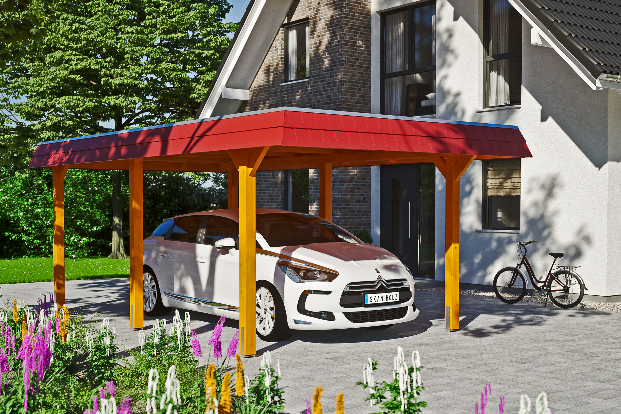 Ambientebild: Carport Wendland 362 x 628 cm, mit roter Blende, farblich behandelt in eiche hell