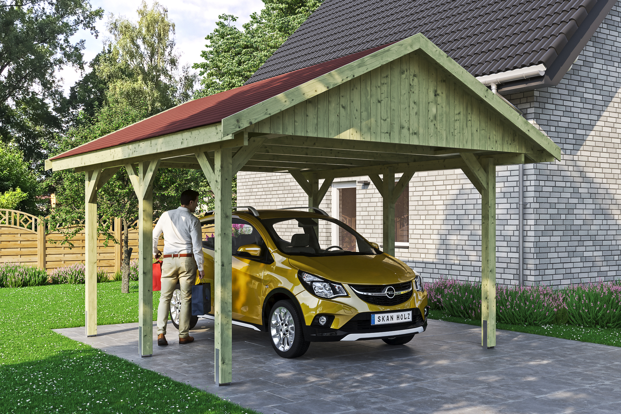 Ambientebild: Carport Wallgau 430 x 500 cm, mit roten Dachschindeln, grün imprägniert 