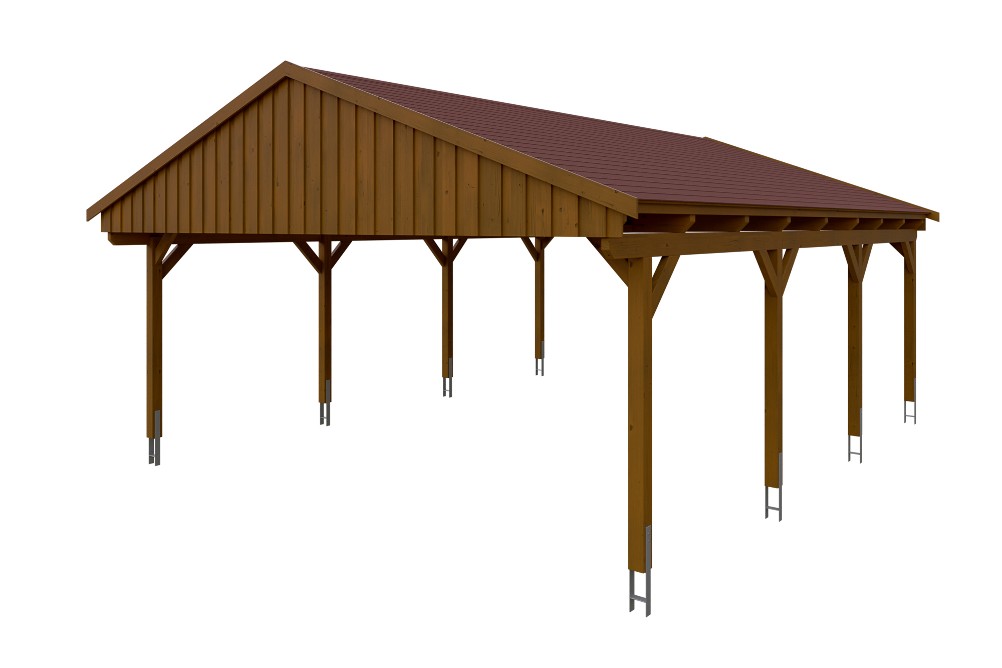 Produktbild: Carport Fichtelberg 618 x 808 cm, farblich behandelt in nussbaum, mit roten Dachschindeln