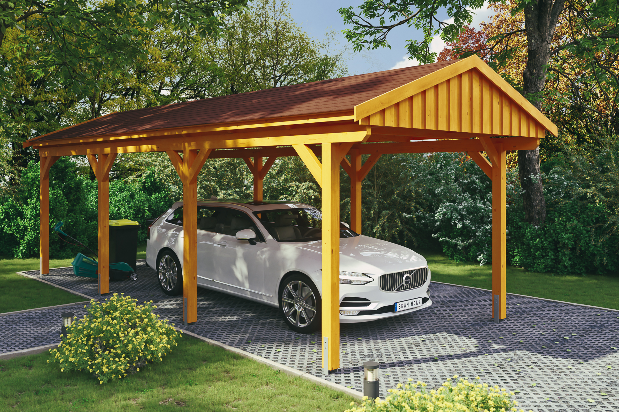 Ambientebild: Carport Fichtelberg 317 x 808 cm, farblich behandelt in eiche hell, mit roten Dachschindeln