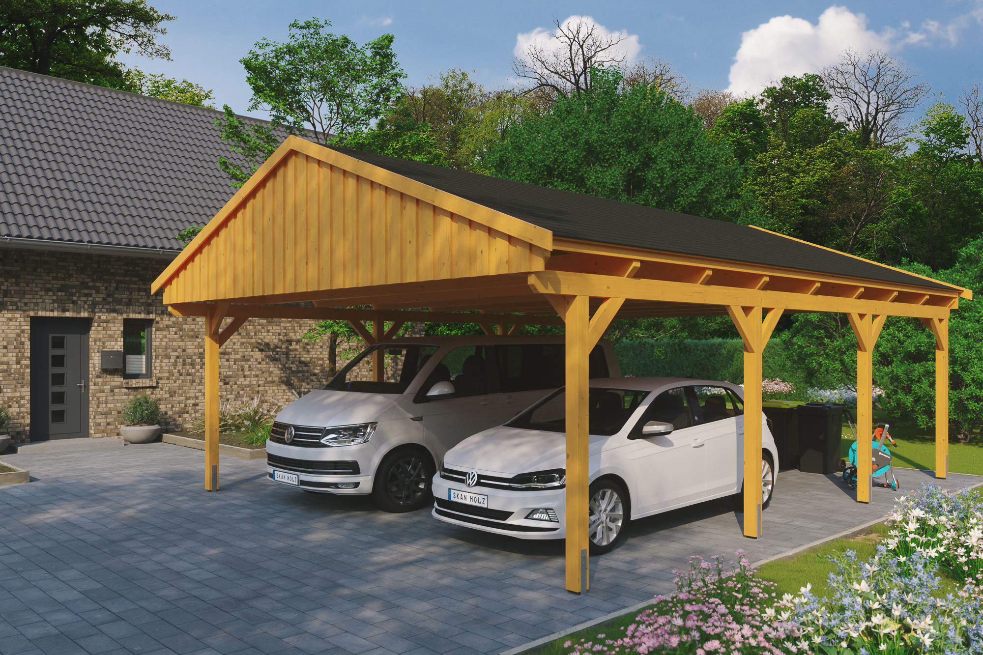 Carport Fichtelberg 618 x 808 cm, zwarte dakshingels, gelakt in licht eiken