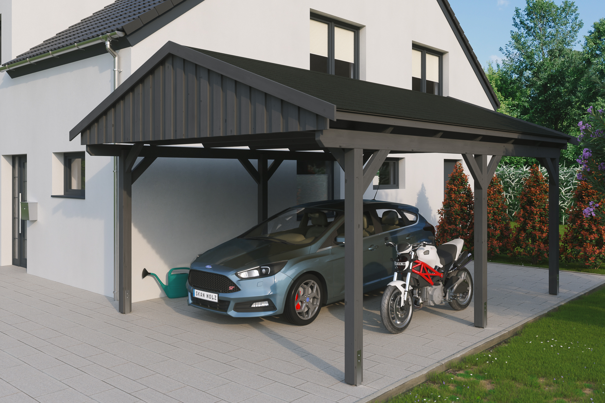 Ambientebild: Carport Fichtelberg 423 x 566 cm, farblich behandelt in schiefergrau, mit schwarzen Dachschindeln