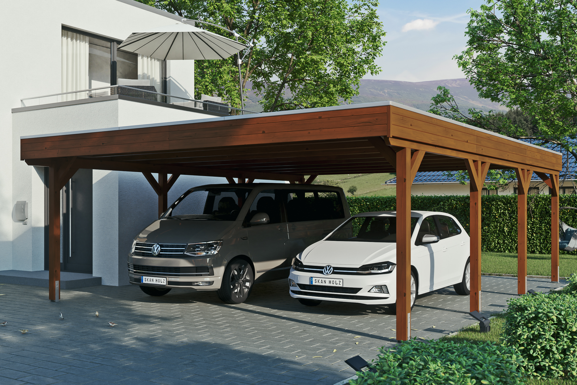Ambientebild: Carport Grunewald 622 x 796 cm, farblich behandelt in nussbaum