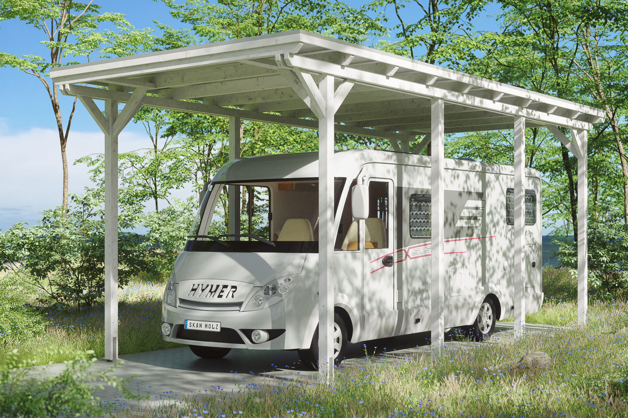 Ambientebild: Carport Emsland Caravan 404 x 846 cm, farblich behandelt in weiß