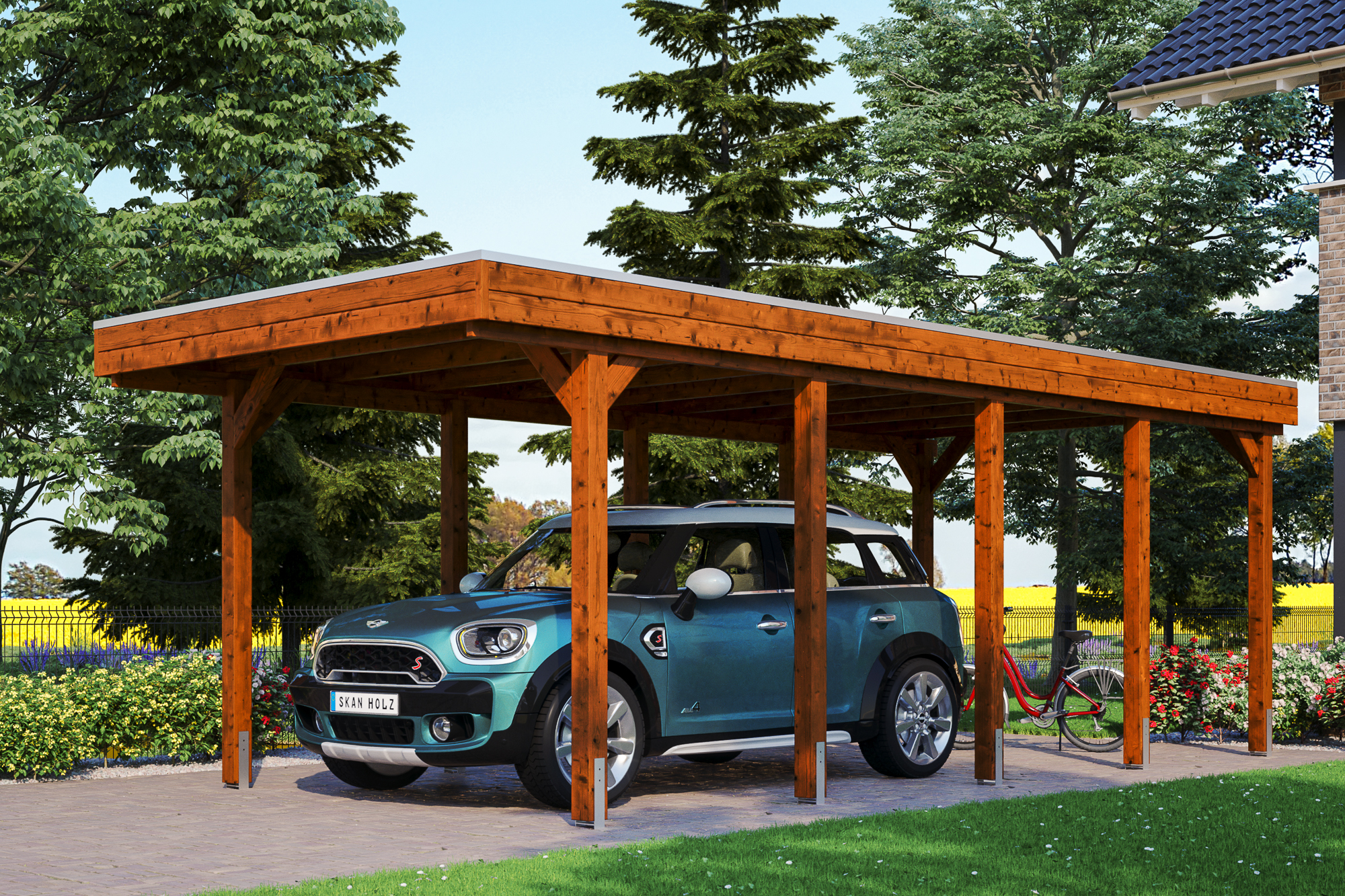 Ambientebild: Carport Friesland 314 x 708 cm, farblich behandelt in nussbaum