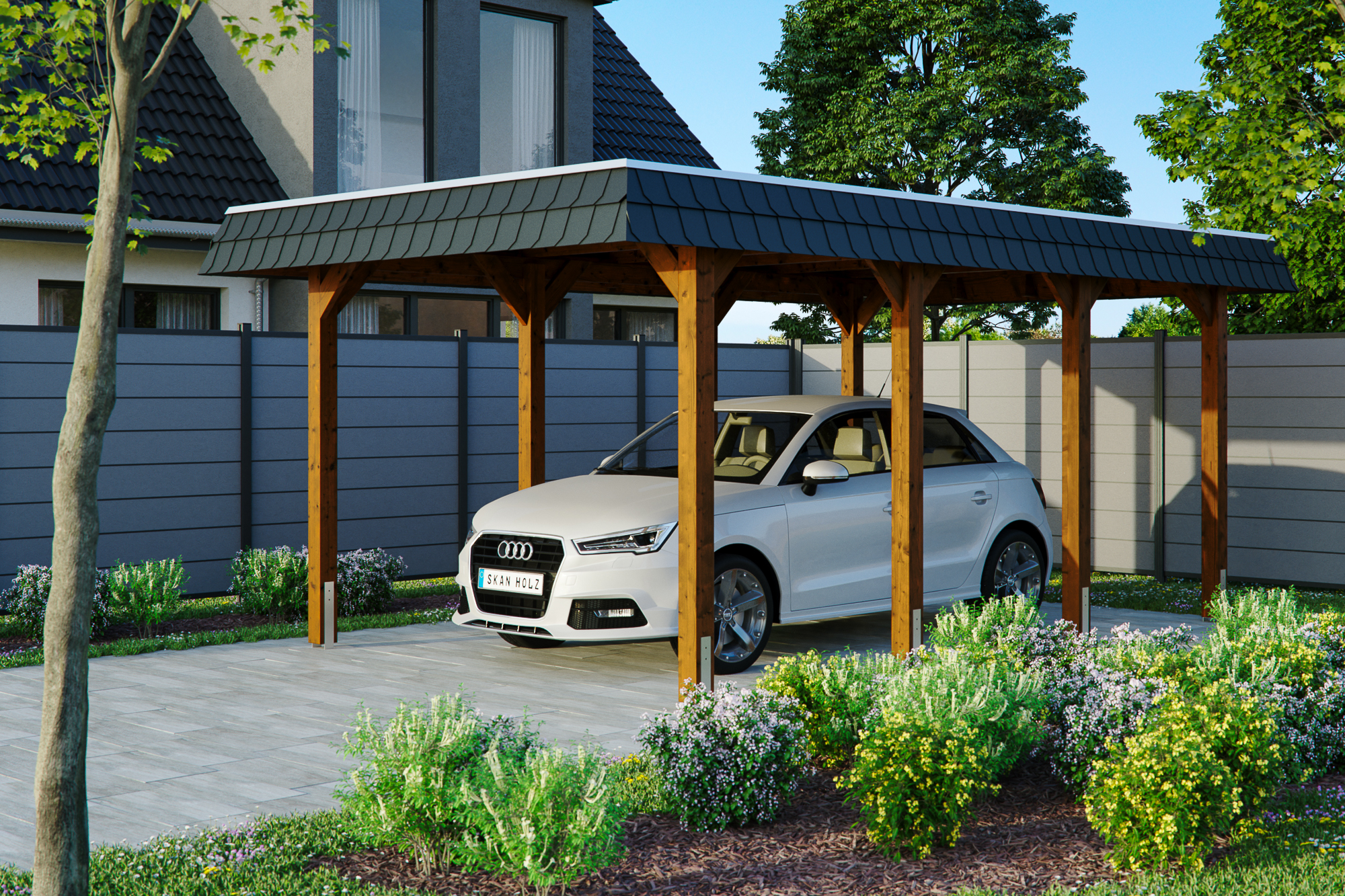 Ambientebild: Carport Spreewald 345 x 589 cm mit schwarzer Blende, farblich behandelt in nussbaum