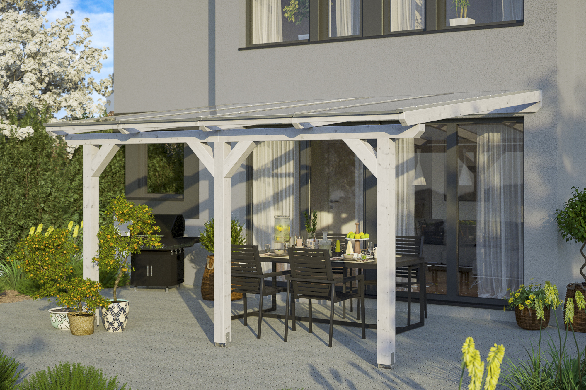 Terrasoverkapping Bormio 434 x 400 cm, gelamineerd hout, gelakt in wit